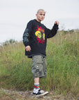 SKULL WEED EMBROIDERY & PRINT RHINE STONE LONG SLEEVE TEE