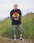 SKULL WEED EMBROIDERY & PRINT RHINE STONE LONG SLEEVE TEE