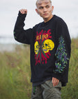 SKULL WEED EMBROIDERY & PRINT RHINE STONE LONG SLEEVE TEE