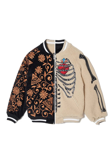 MAYO BONES Embroidery Reversible Bomber Jacket - BEIGE × BLACK