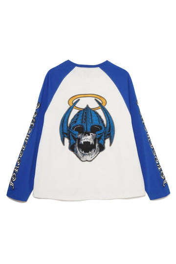 Forget Me Not Skull Embroidery Raglan Long Sleeve Tee - WHITE×BLUE