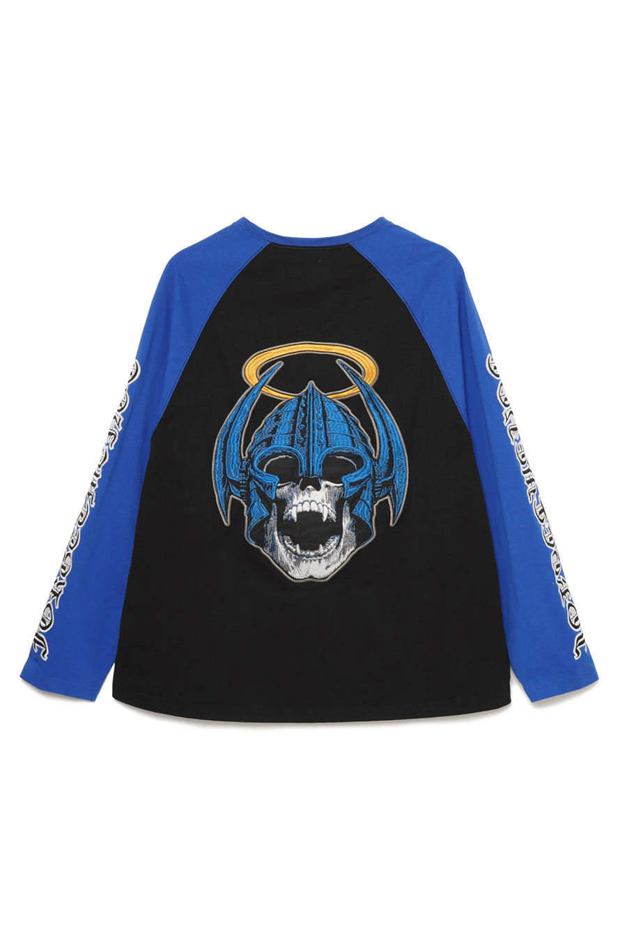 Forget Me Not Skull Embroidery Raglan Long Sleeve Tee - BLACK×BLUE