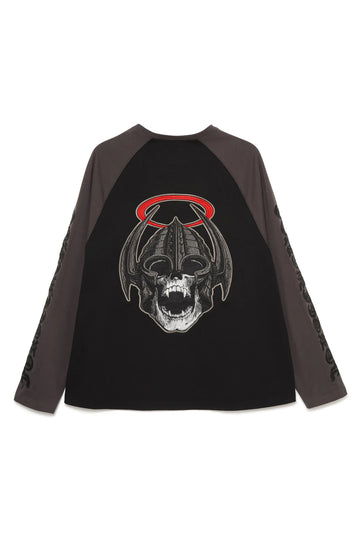 Forget Me Not Skull Embroidery Raglan Long Sleeve Tee - BLACK×GRAY