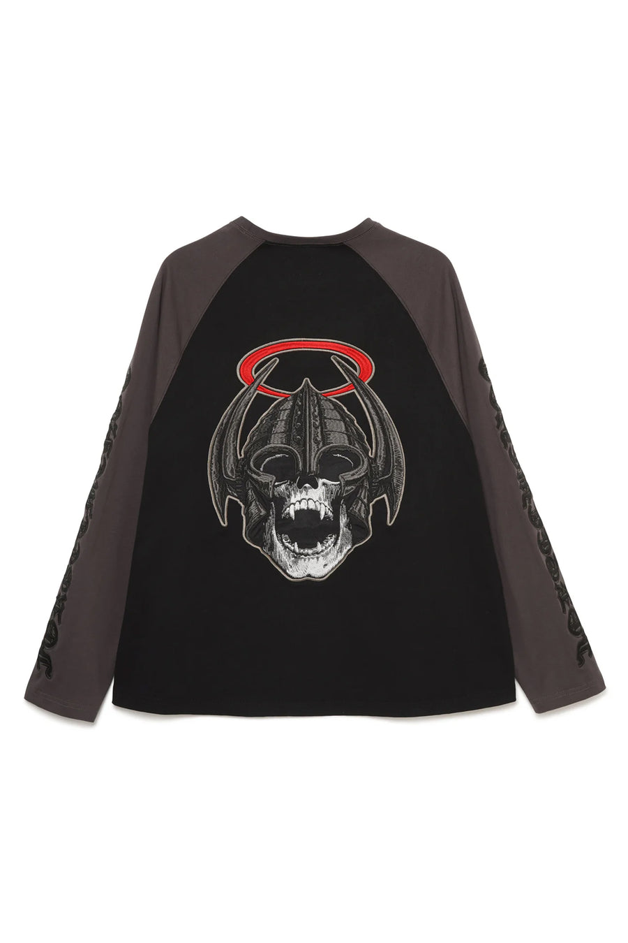 Forget Me Not Skull Embroidery Raglan Long Sleeve Tee - BLACK×GRAY