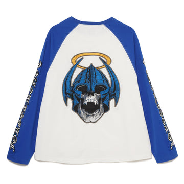 Forget Me Not Skull Embroidery Raglan Long Sleeve Tee - WHITE×BLUE
