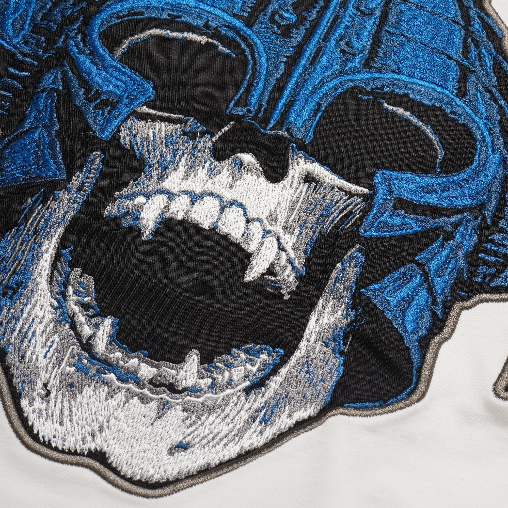 Forget Me Not Skull Embroidery Raglan Long Sleeve Tee - WHITE×BLUE