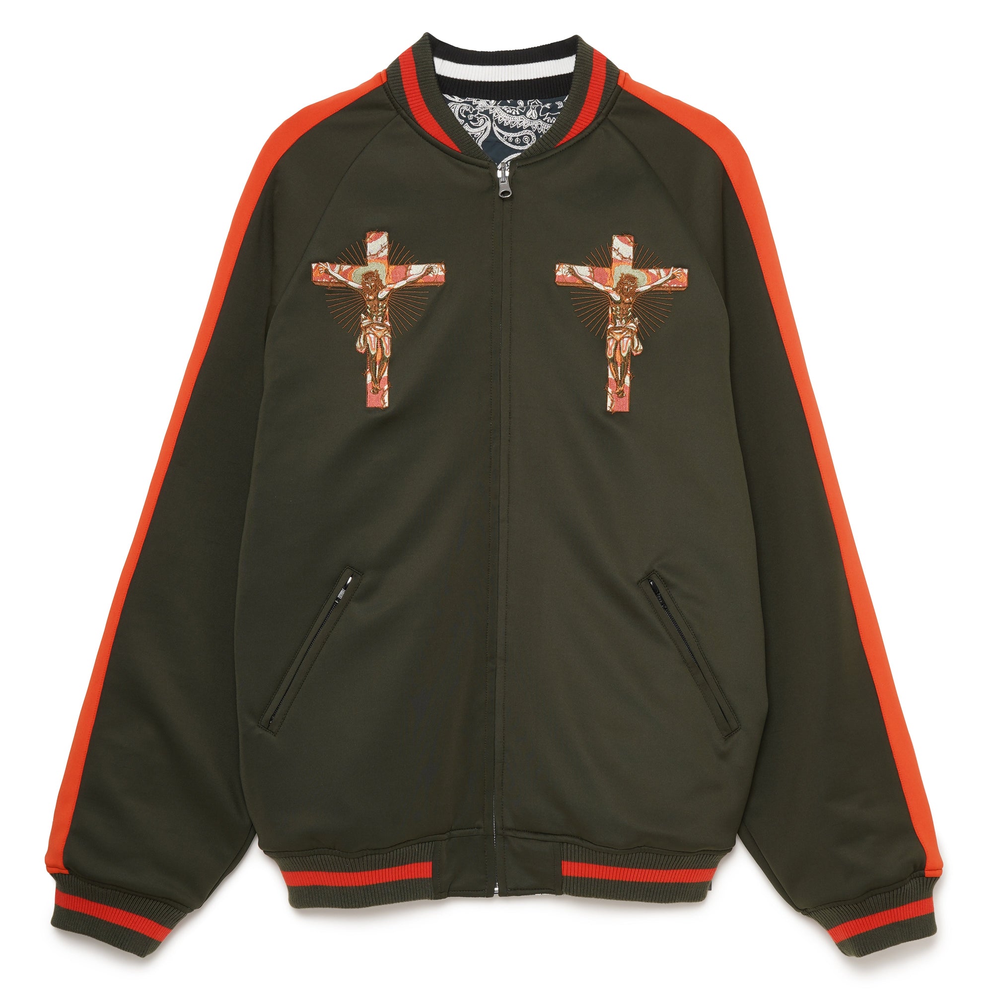 JESUS MAYO Paisley Embroidery Reversible Nylon Track Jacket - OLIVE×ORANGE