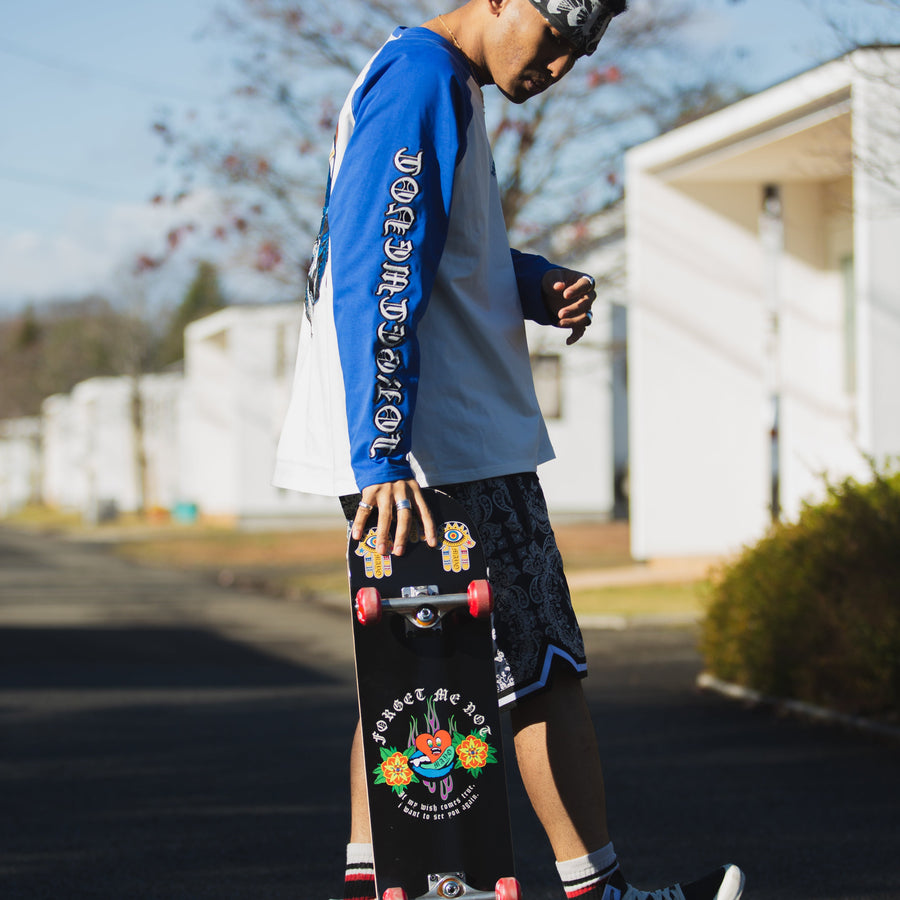 Forget Me Not Skull Embroidery Raglan Long Sleeve Tee - WHITE×BLUE