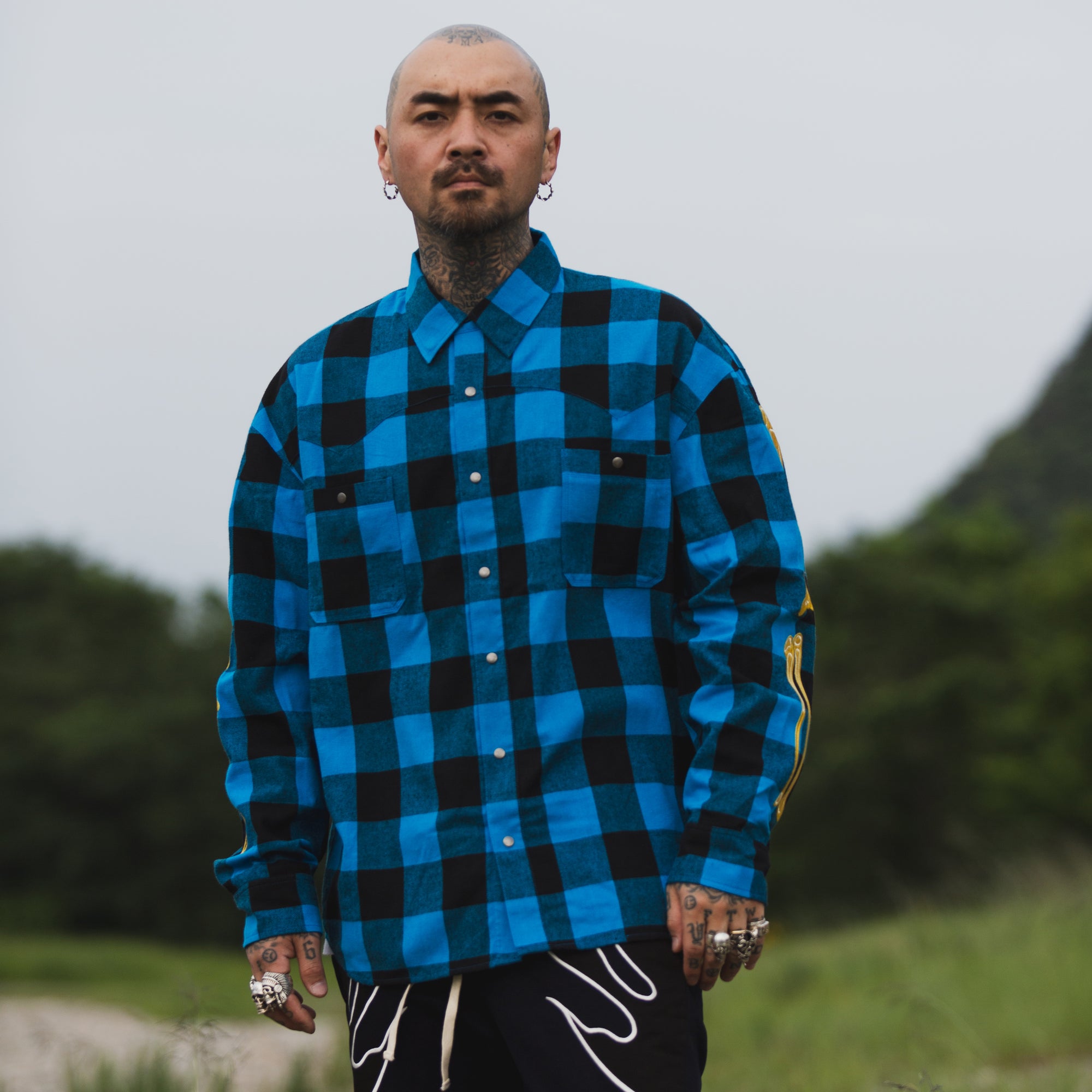 MAYO BONES Embroidery Check Shirt - BLUE