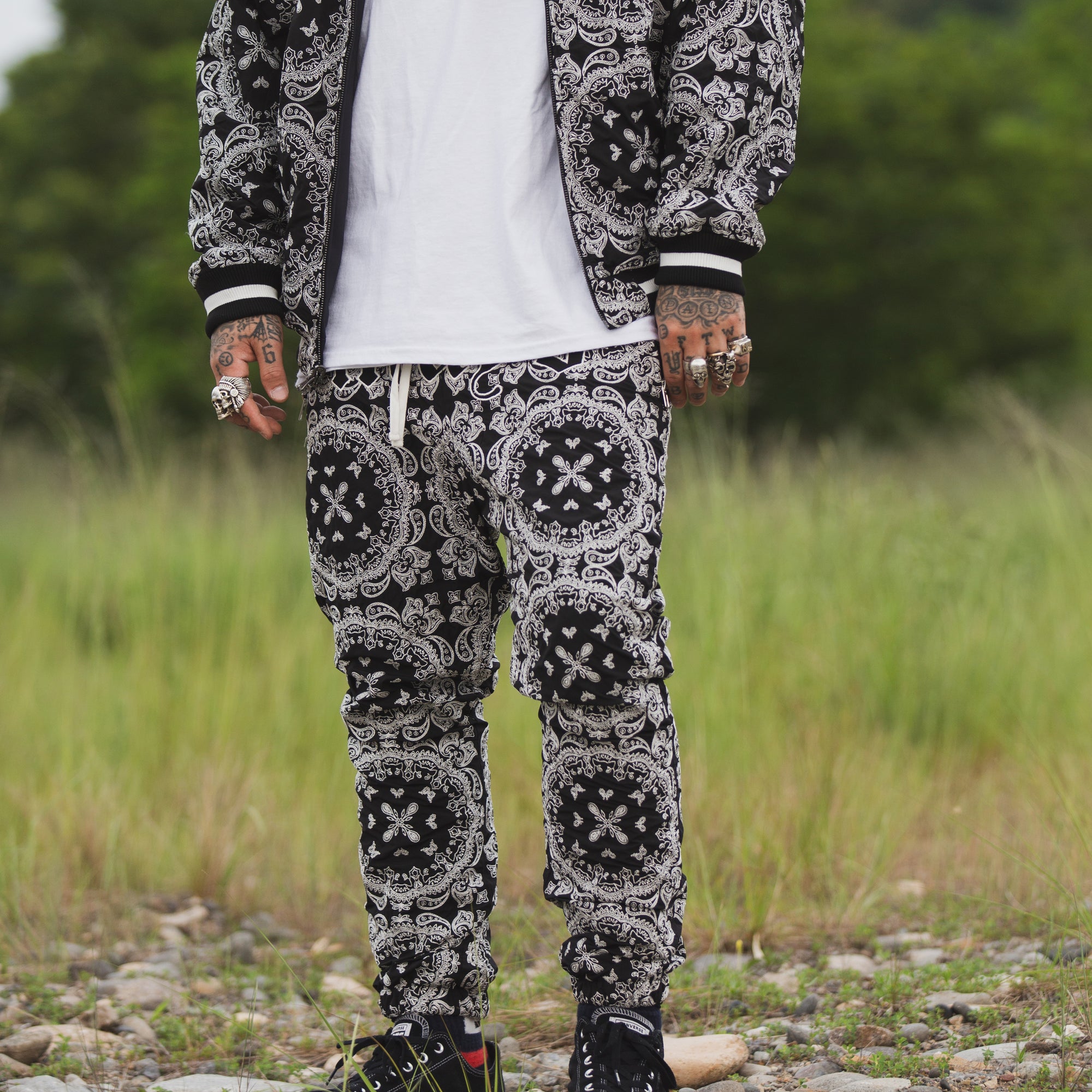 MAYO PAISLEY EMBROIDERY NYLON LOUNGE PANTS - BLACK