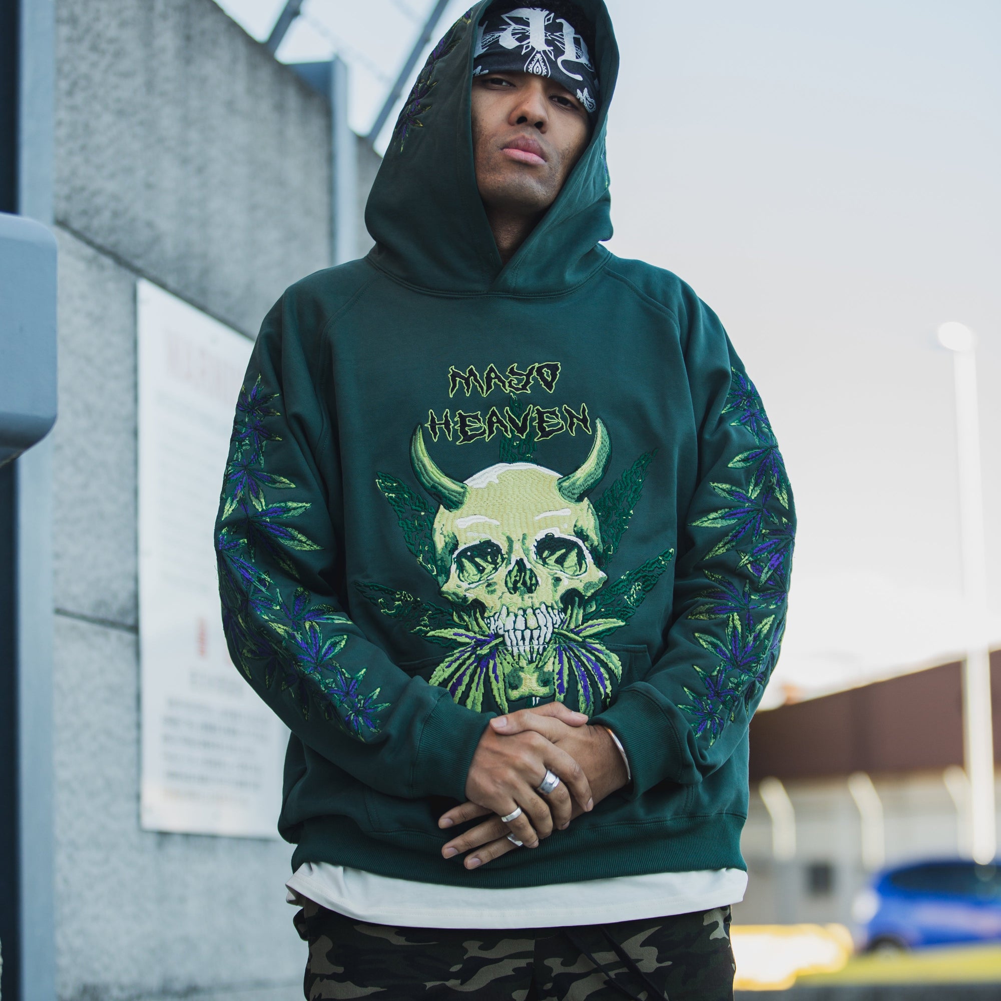 MAYO Devil Skull Embroidery Hoodie - GREEN