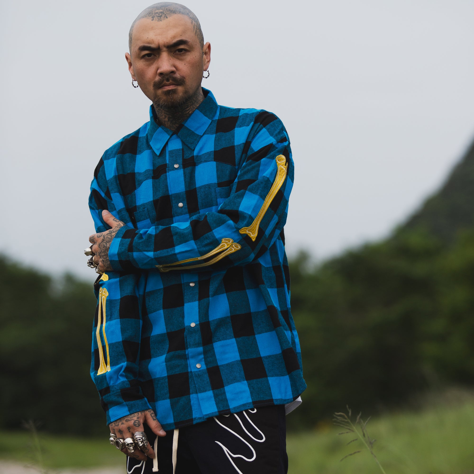 MAYO BONES Embroidery Check Shirt - BLUE