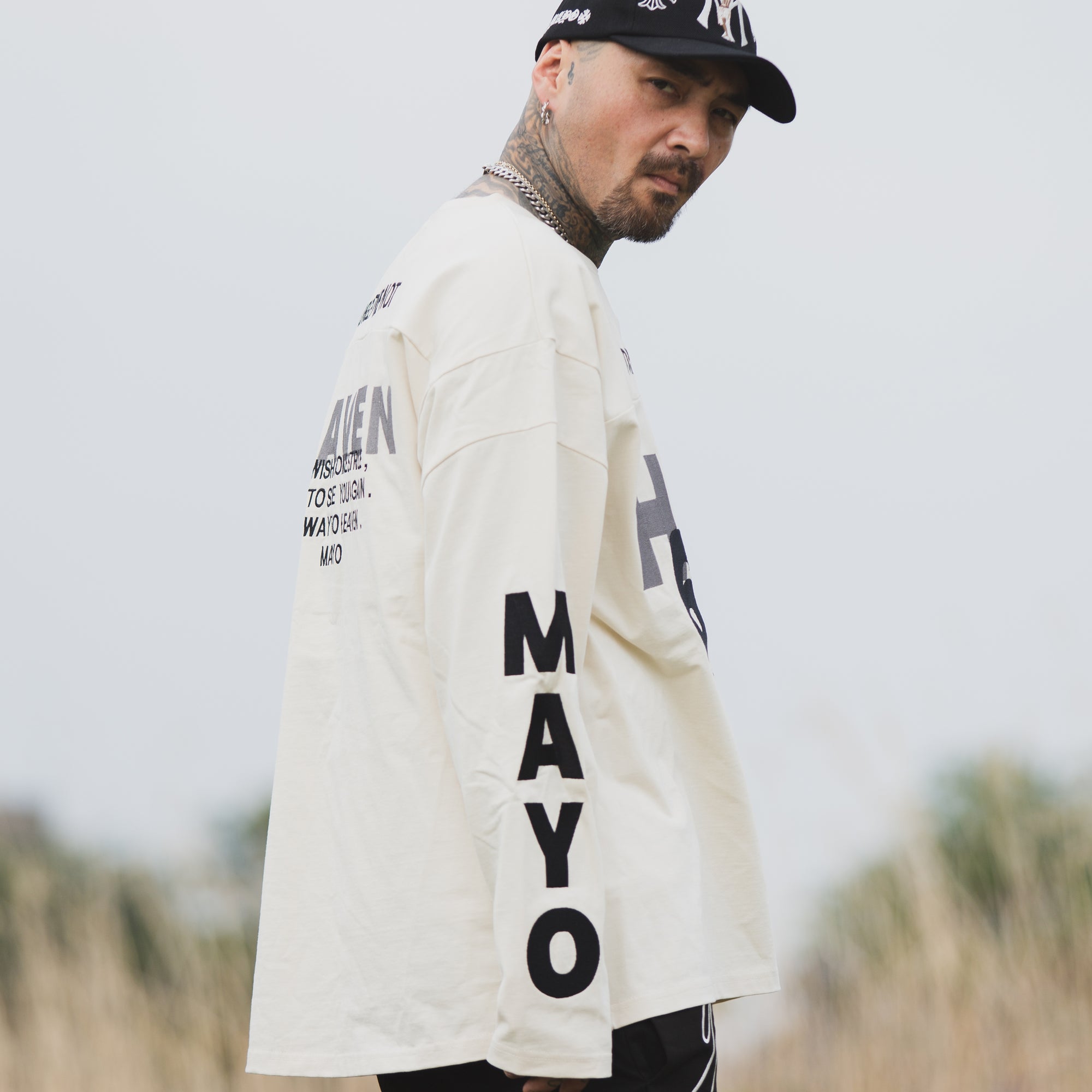 MAYO HELL &amp; HEAVEN Embroidery Football Long Sleeve Tee - OFF WHITE