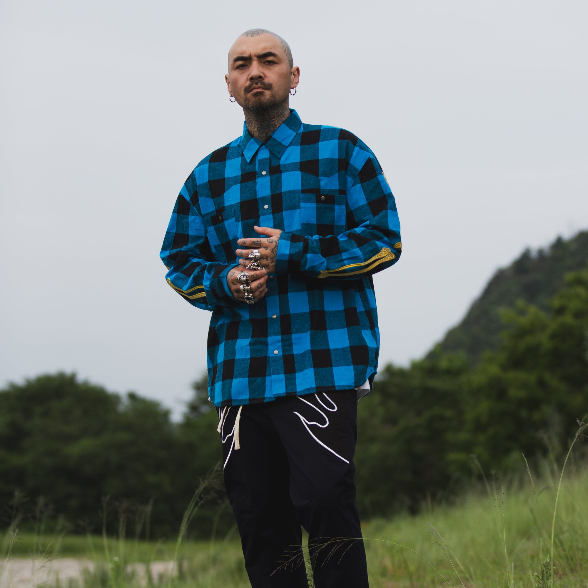 MAYO BONES Embroidery Check Shirt - BLUE