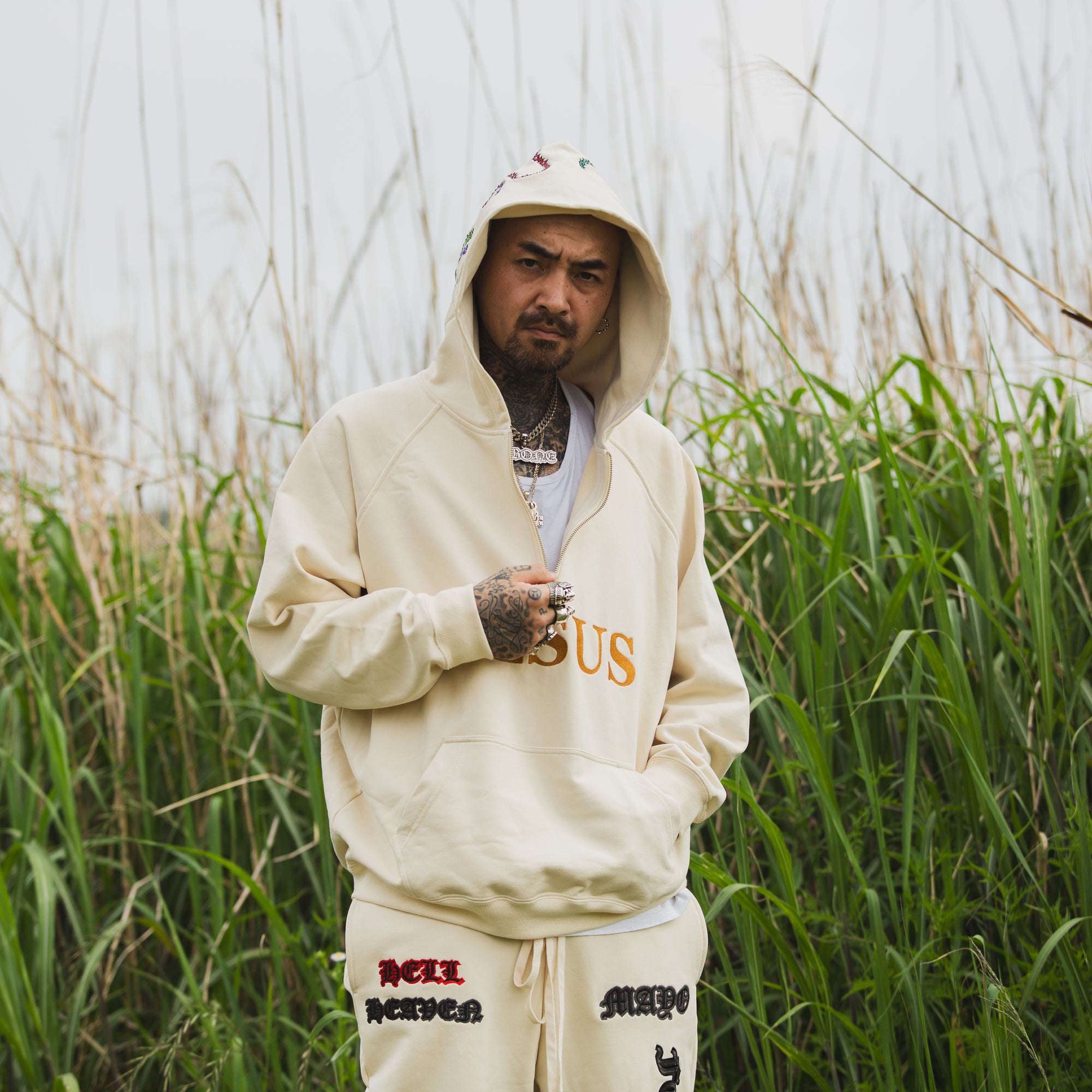 MAYO JESUS Embroidery Half zip Hoodie - OFF WHITE