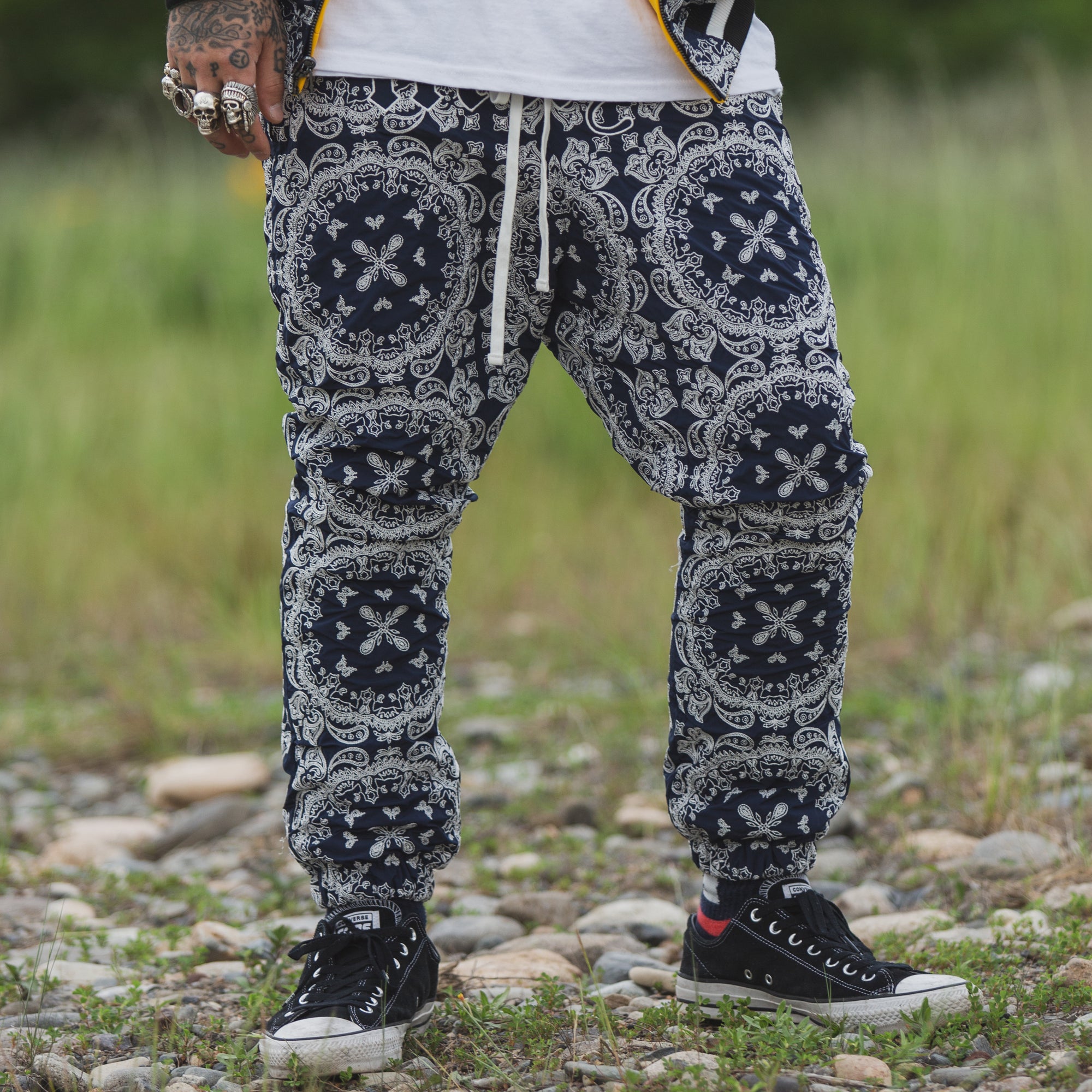 MAYO PAISLEY EMBROIDERY NYLON LOUNGE PANTS - BLUE