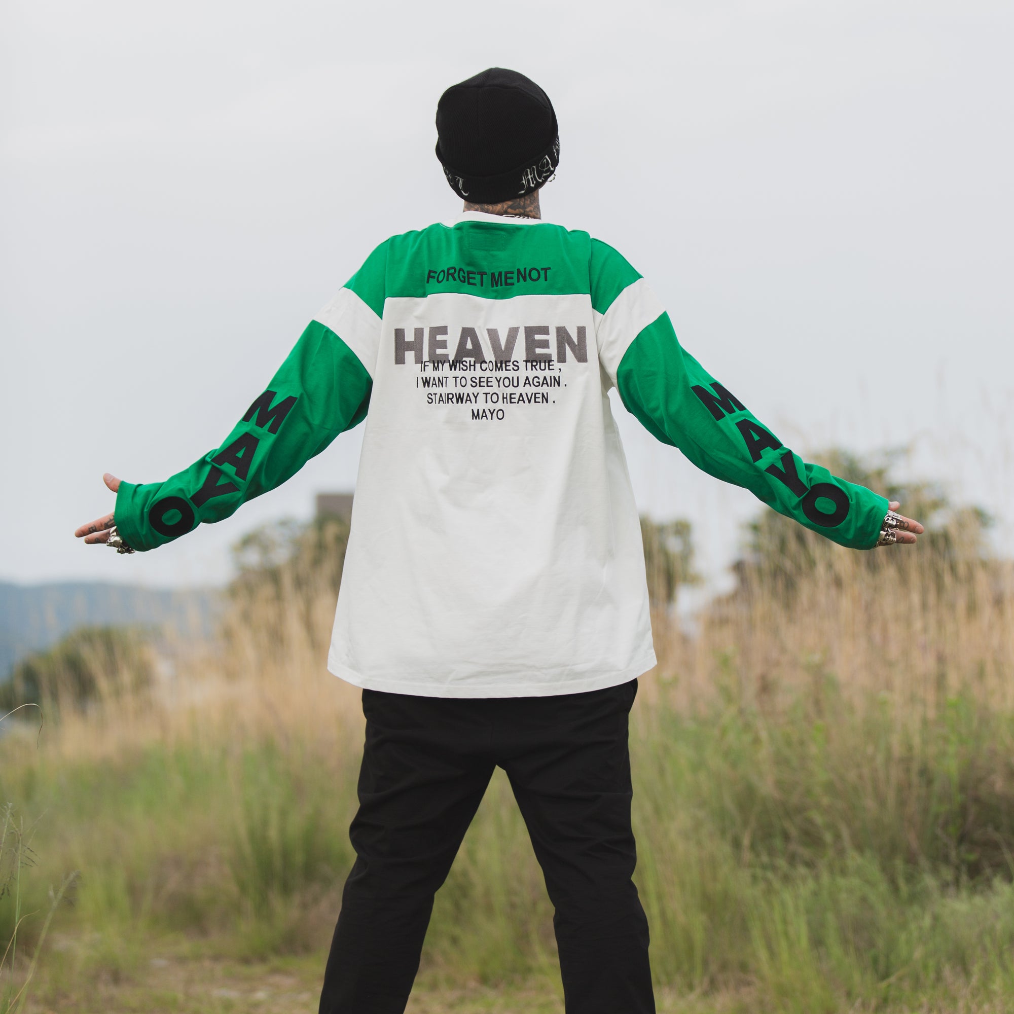 MAYO HELL &amp; HEAVEN Embroidery Football Long Sleeve Tee - GREEN