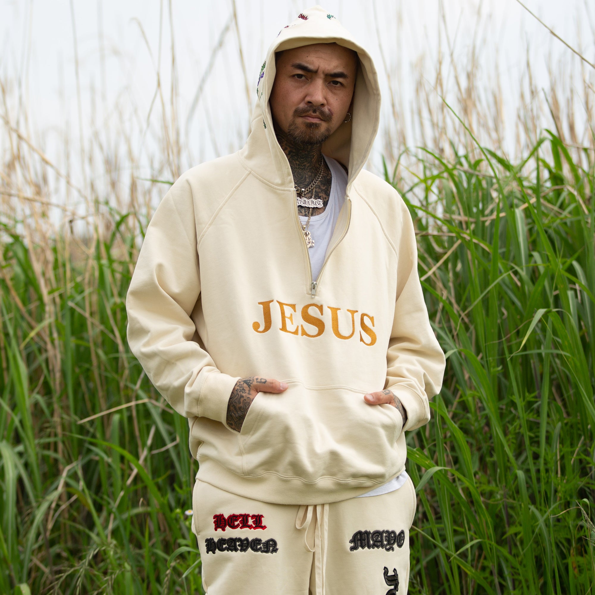 MAYO JESUS Embroidery Half zip Hoodie - OFF WHITE