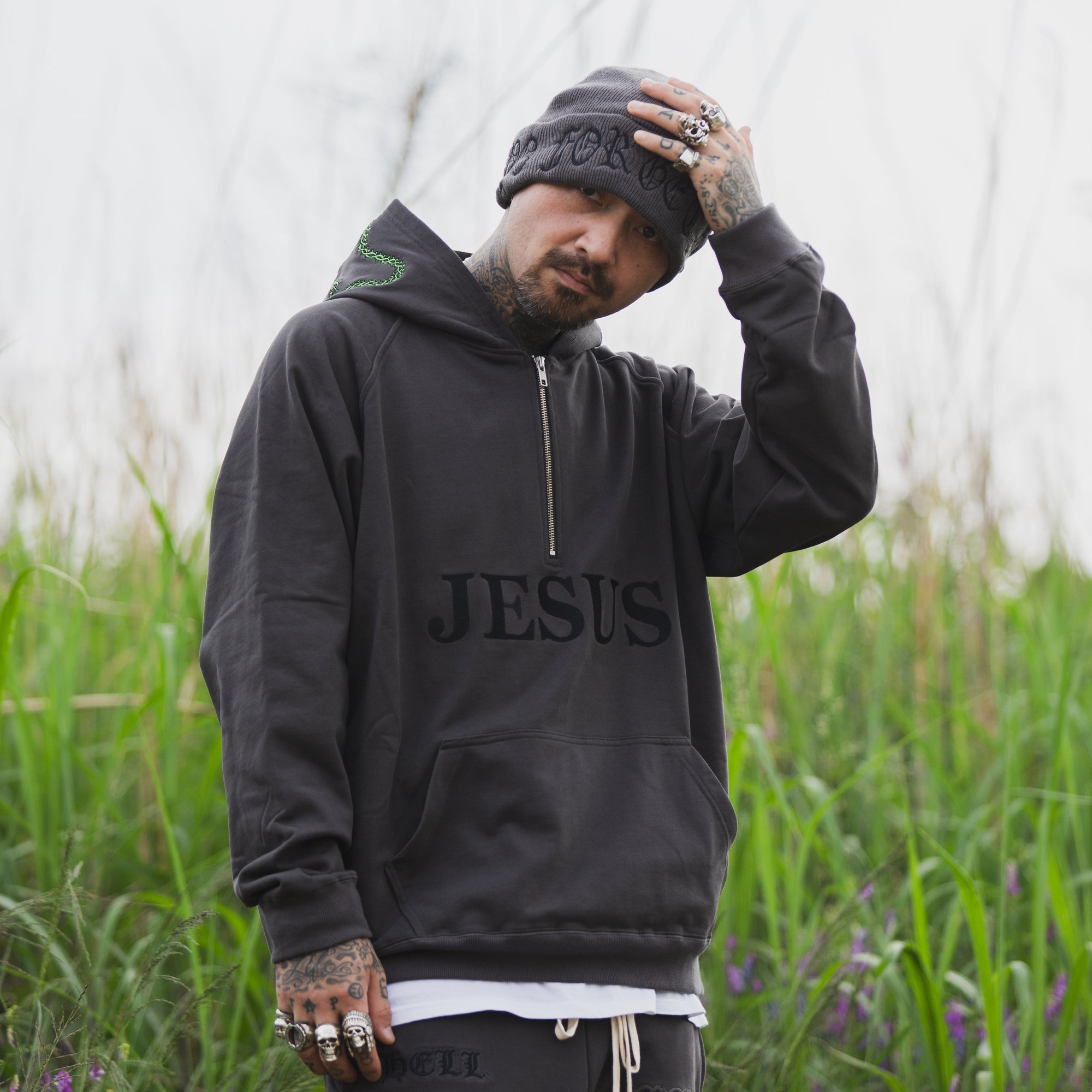 MAYO JESUS Embroidery Half zip Hoodie - GRAY