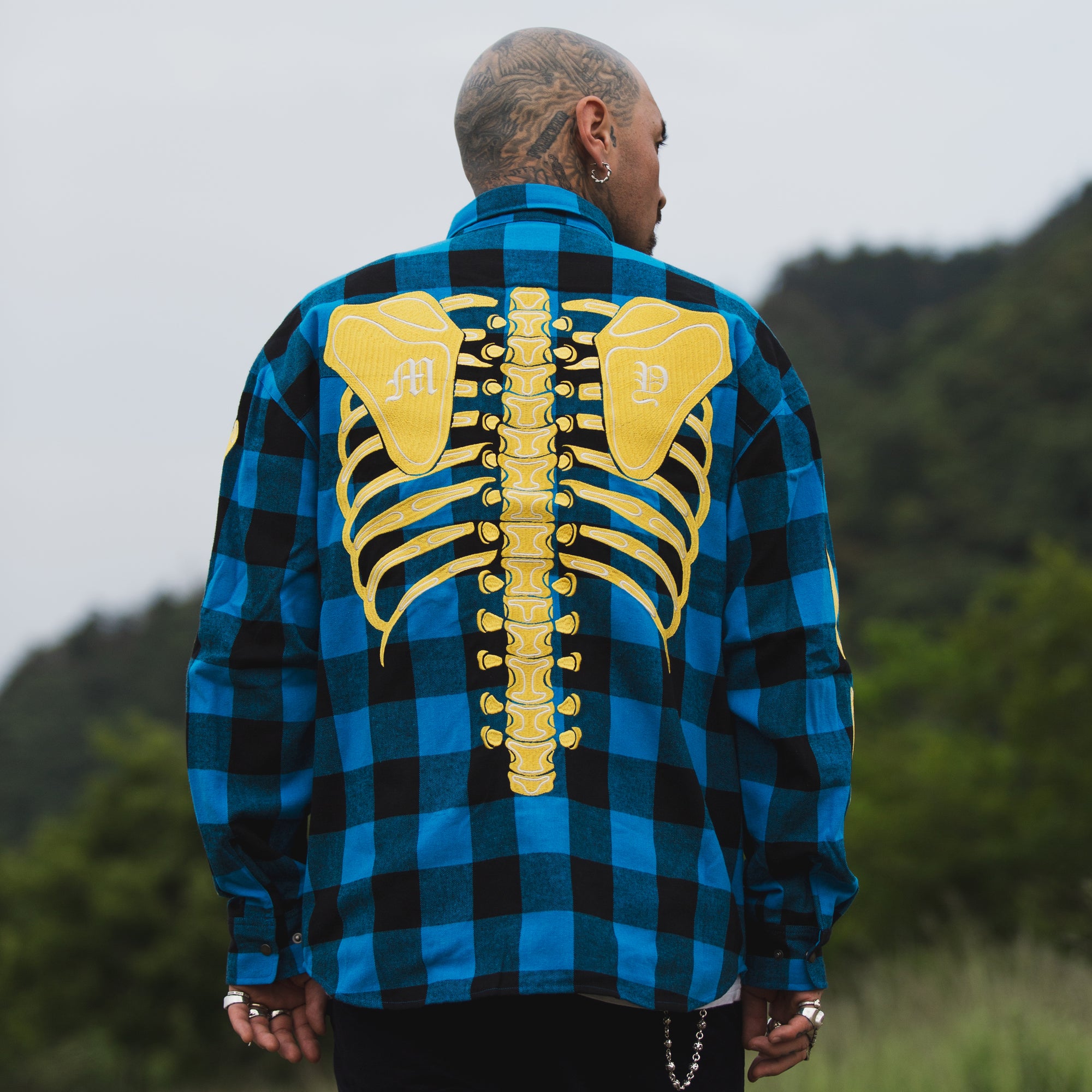 MAYO BONES Embroidery Check Shirt - BLUE