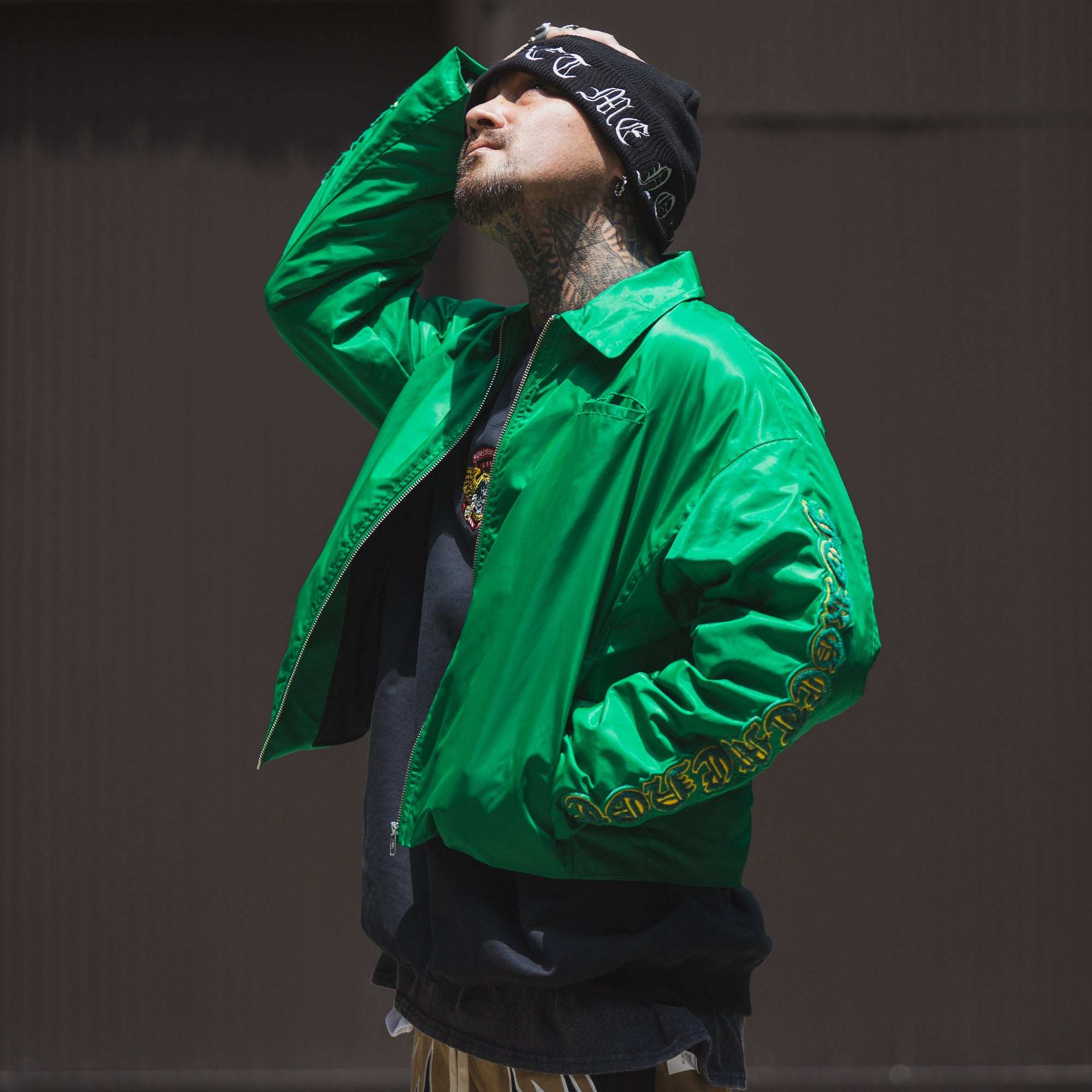 JESUS SKULL Embroidery Nylon Harrington Jacket - GREEN