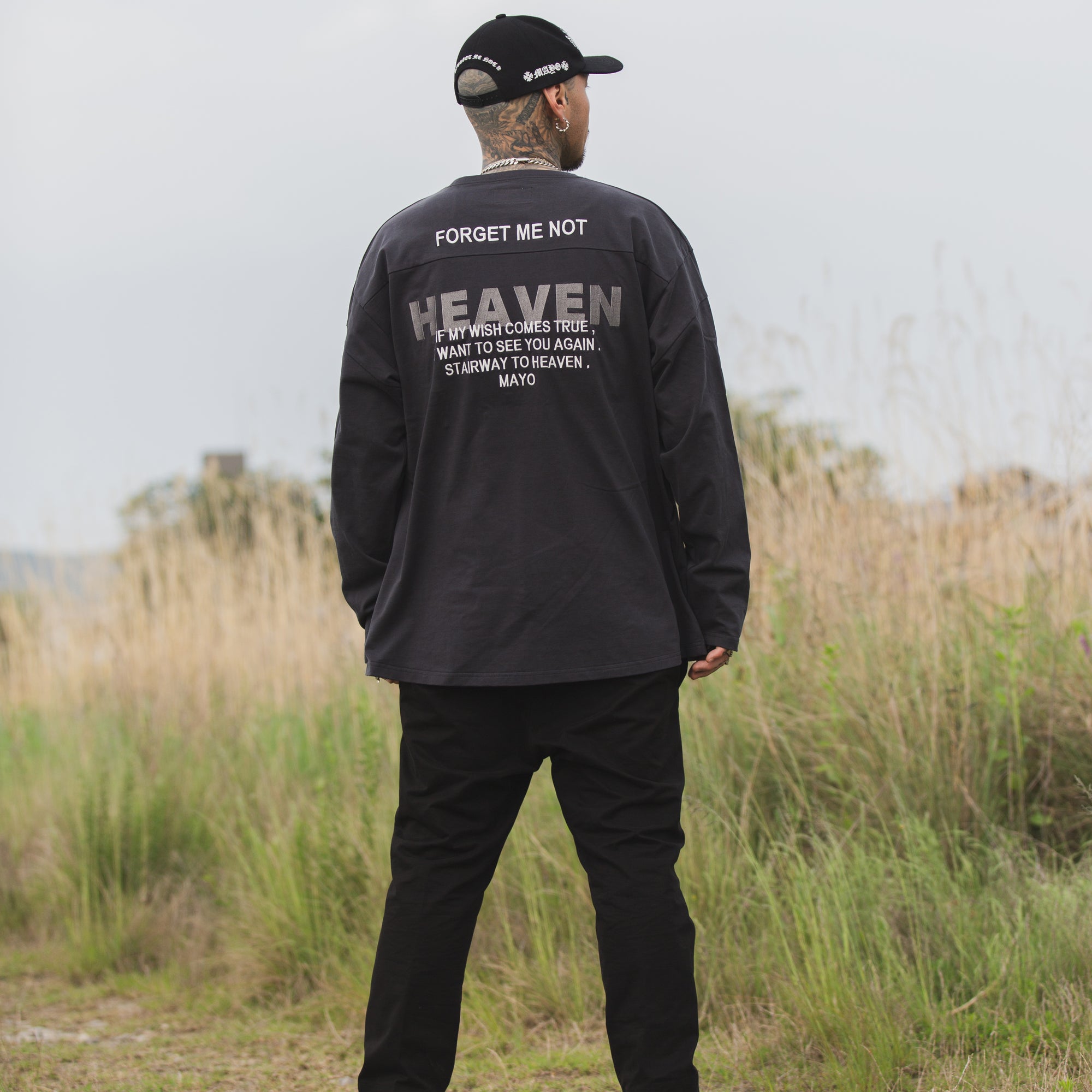 MAYO HELL &amp; HEAVEN Embroidery Football Long Sleeve Tee - BLACK