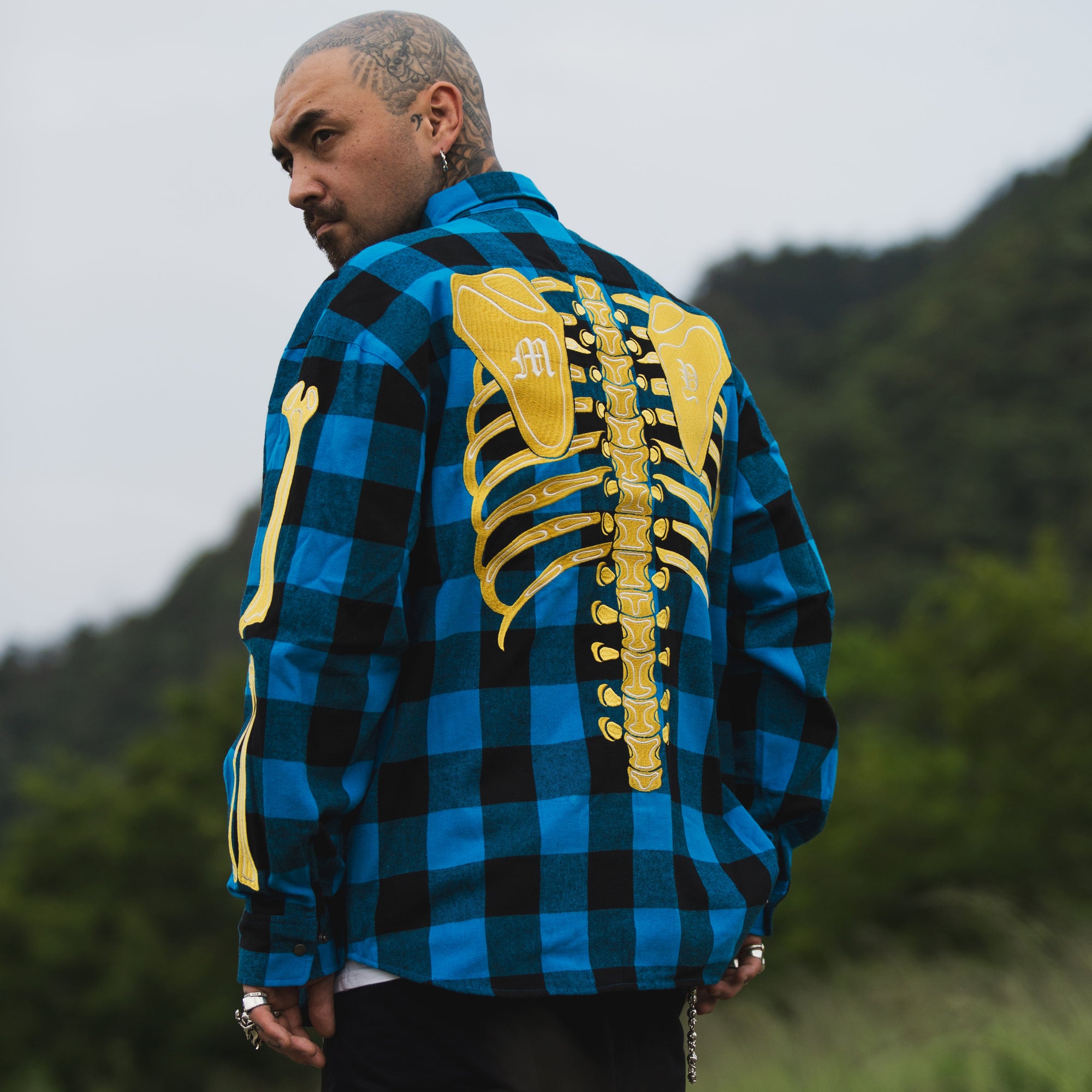 MAYO BONES Embroidery Check Shirt - BLUE