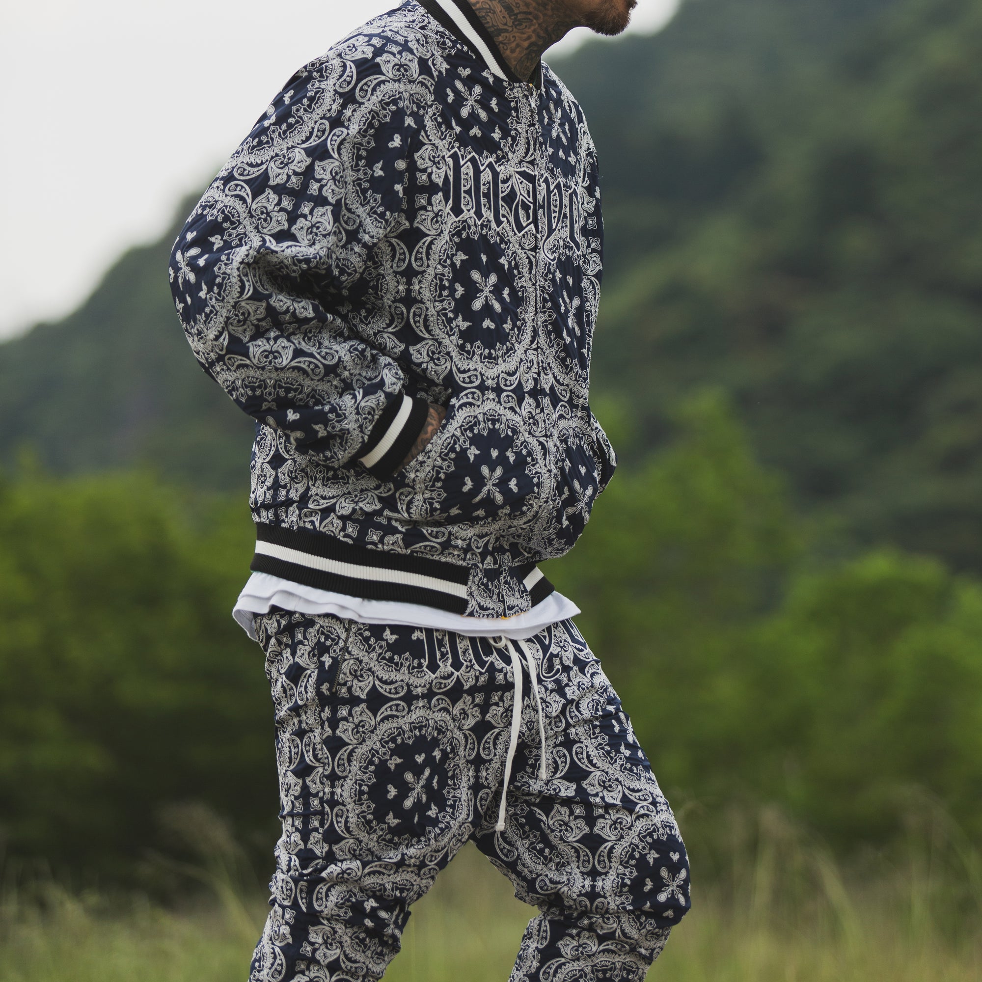 MAYO PAISLEY EMBROIDERY NYLON LOUNGE PANTS - BLUE