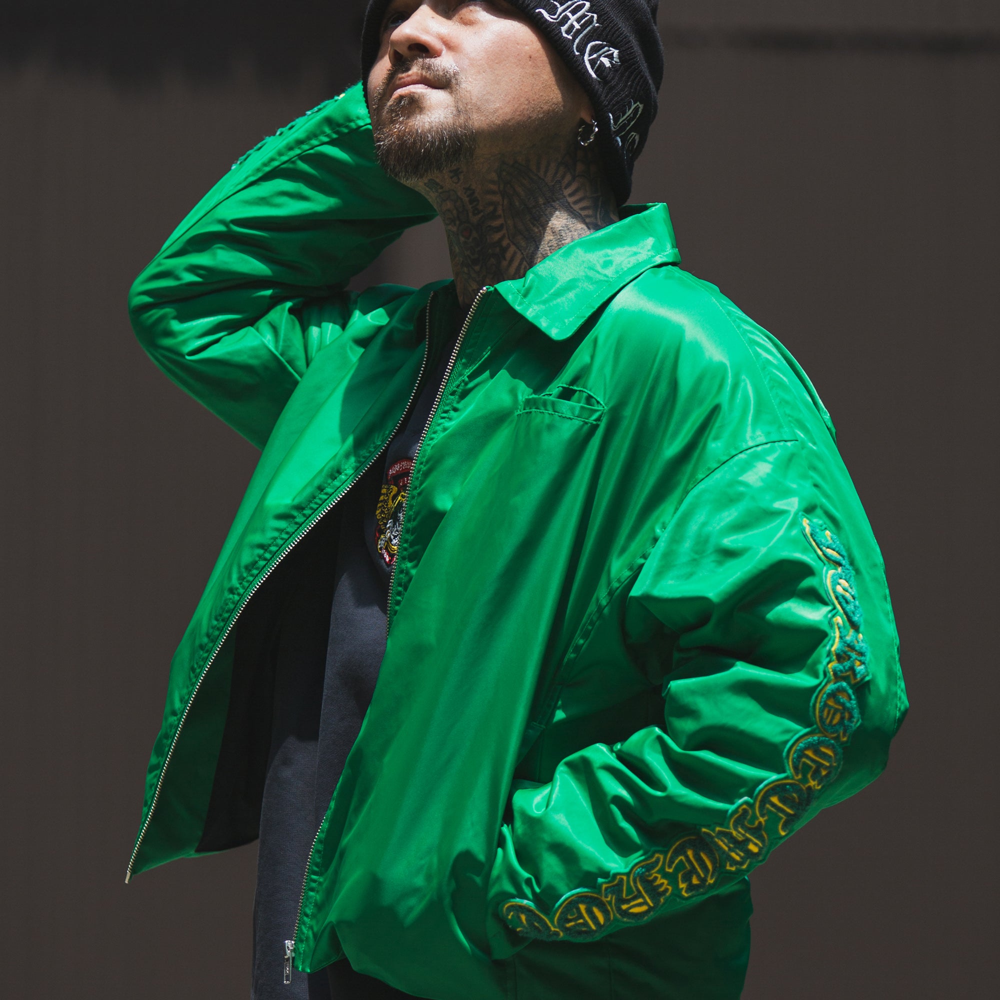 JESUS SKULL Embroidery Nylon Harrington Jacket - GREEN