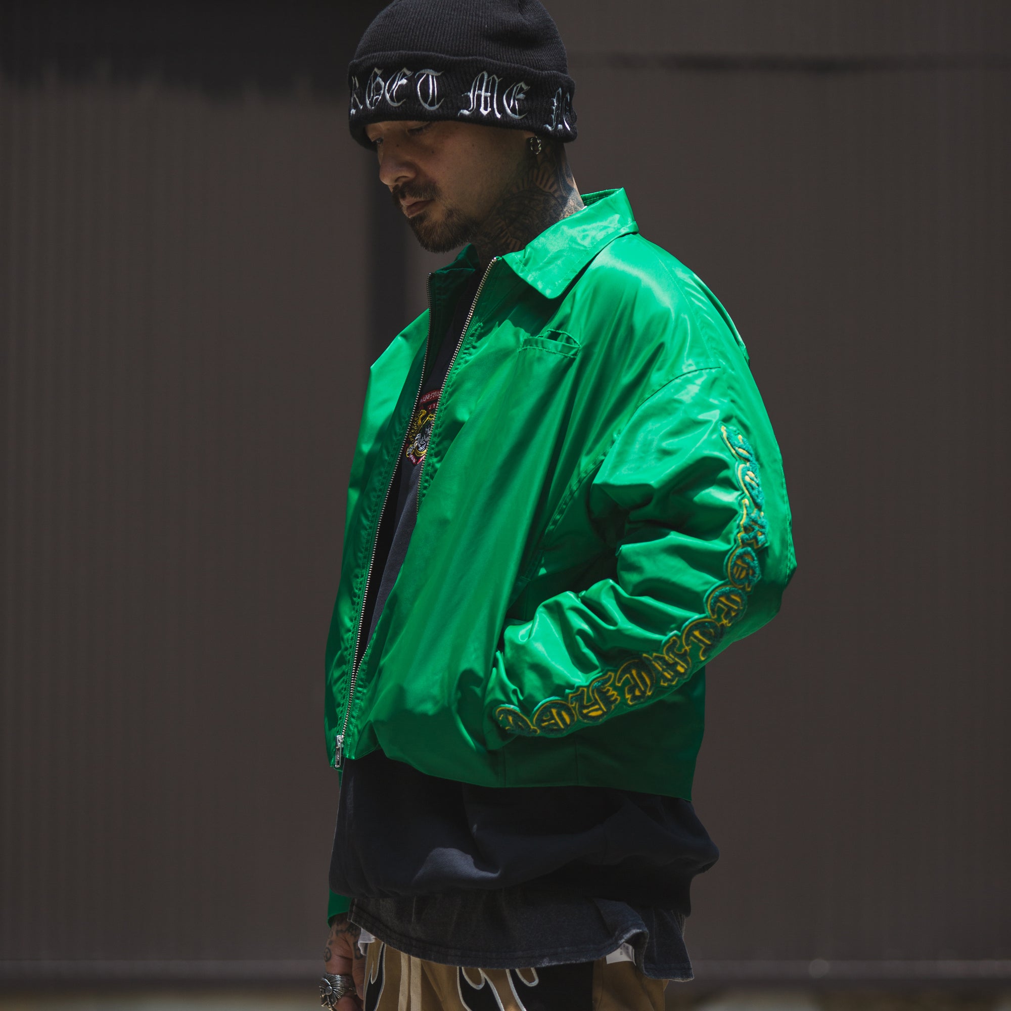 JESUS SKULL Embroidery Nylon Harrington Jacket - GREEN