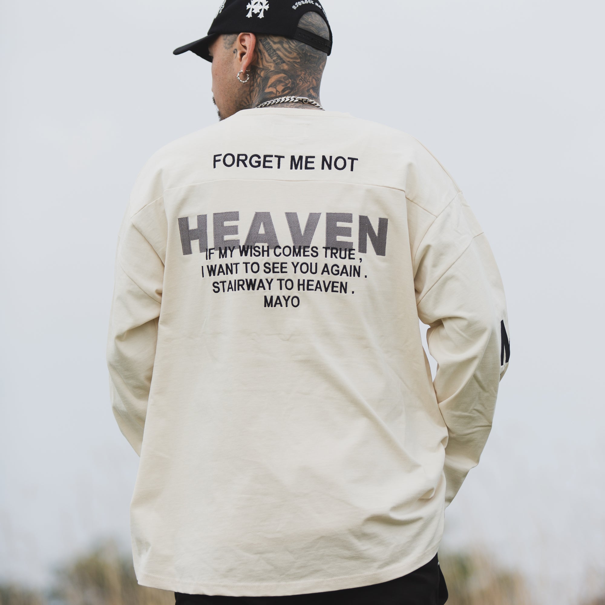 MAYO HELL &amp; HEAVEN Embroidery Football Long Sleeve Tee - OFF WHITE