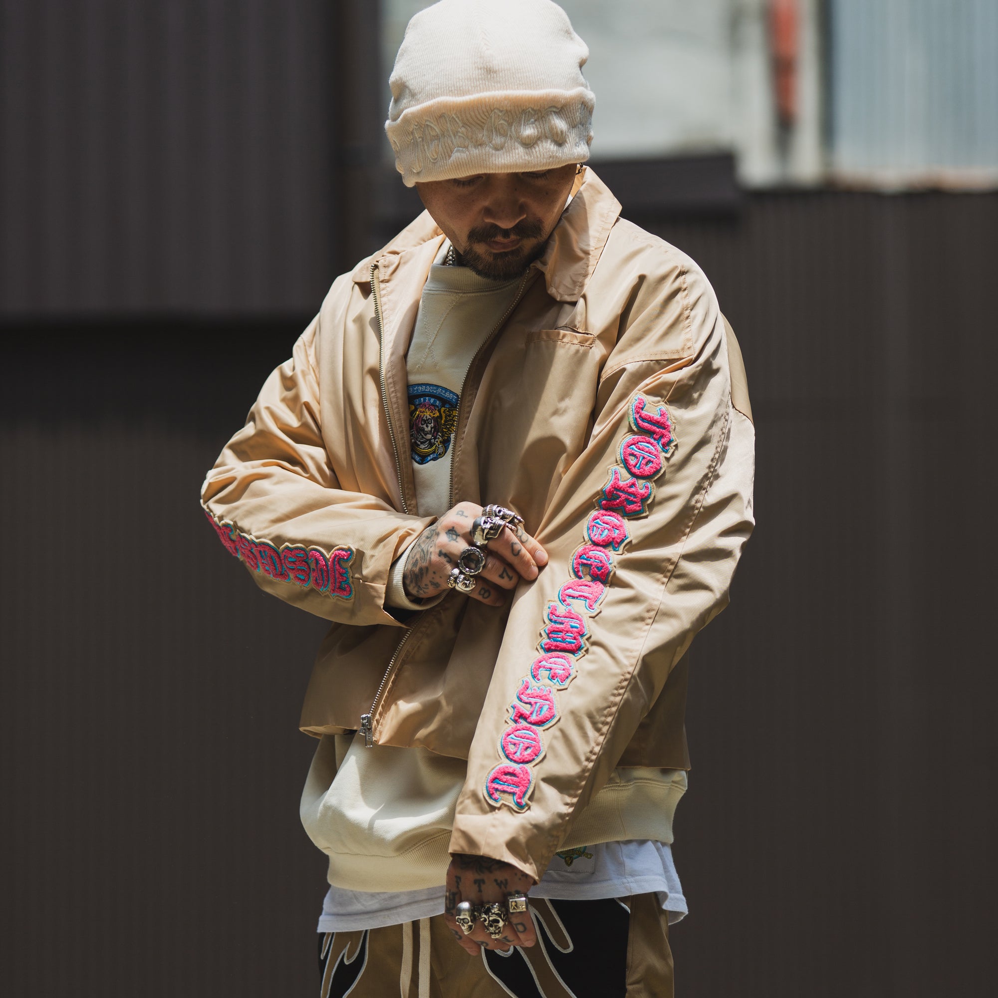 JESUS SKULL Embroidery Nylon Harrington Jacket - BEIGE