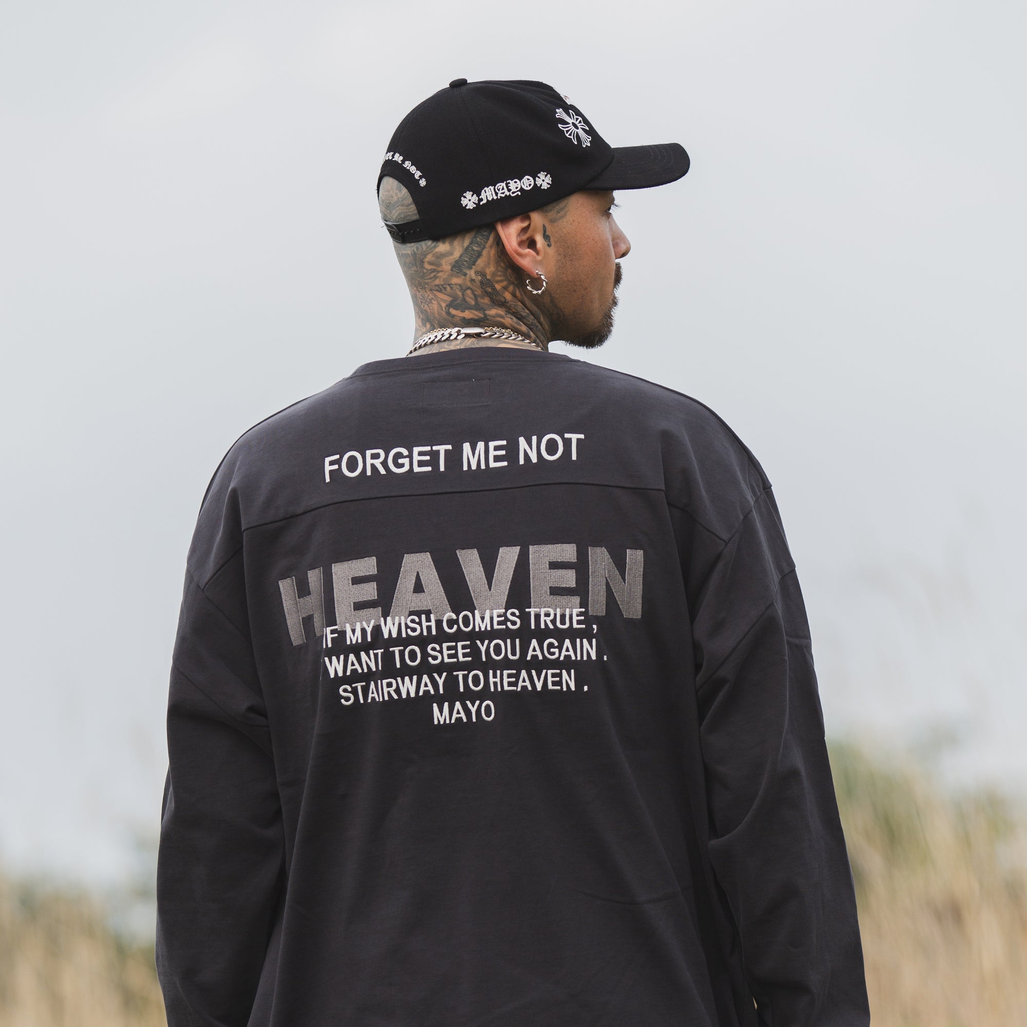 MAYO HELL &amp; HEAVEN Embroidery Football Long Sleeve Tee - BLACK