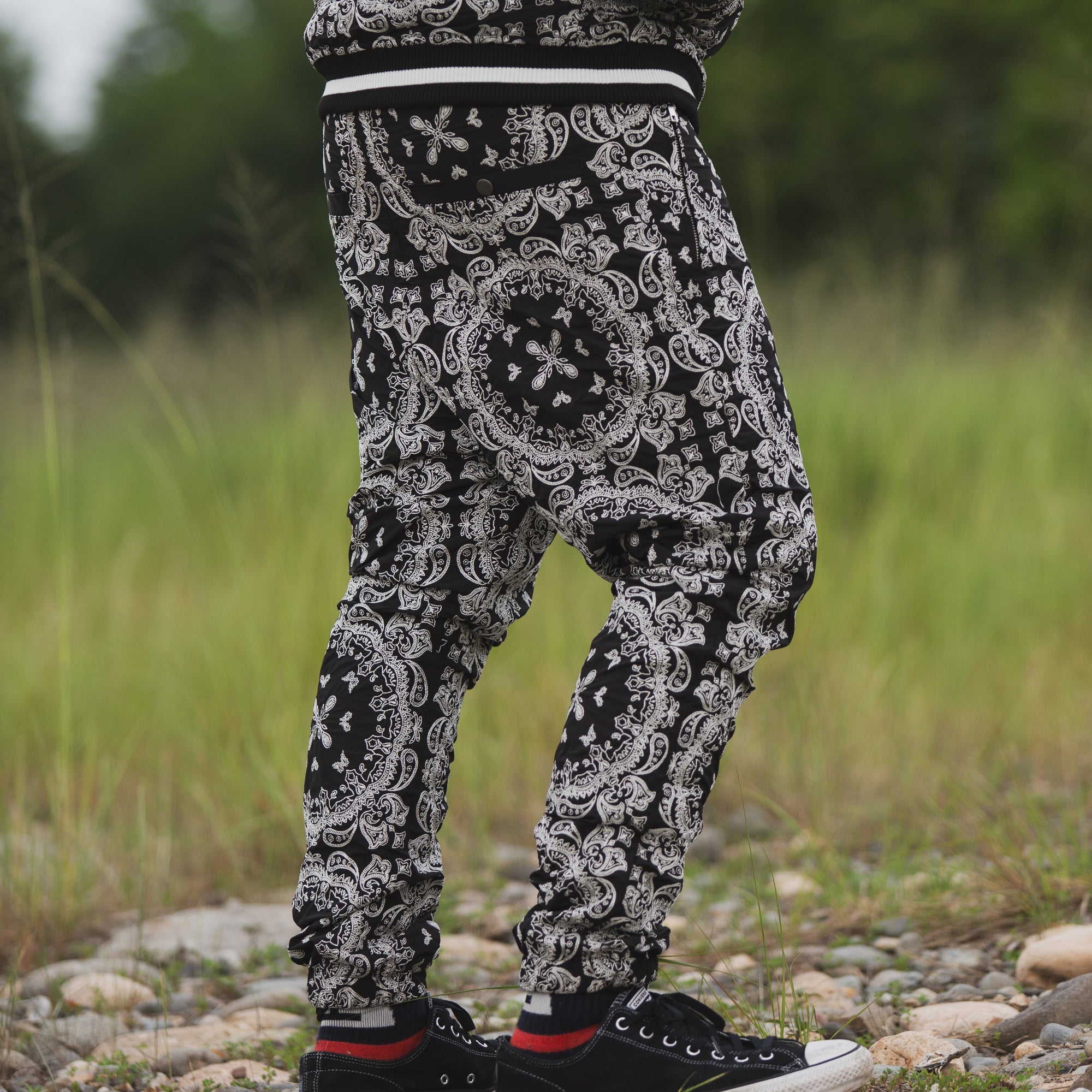 MAYO PAISLEY EMBROIDERY NYLON LOUNGE PANTS - BLACK