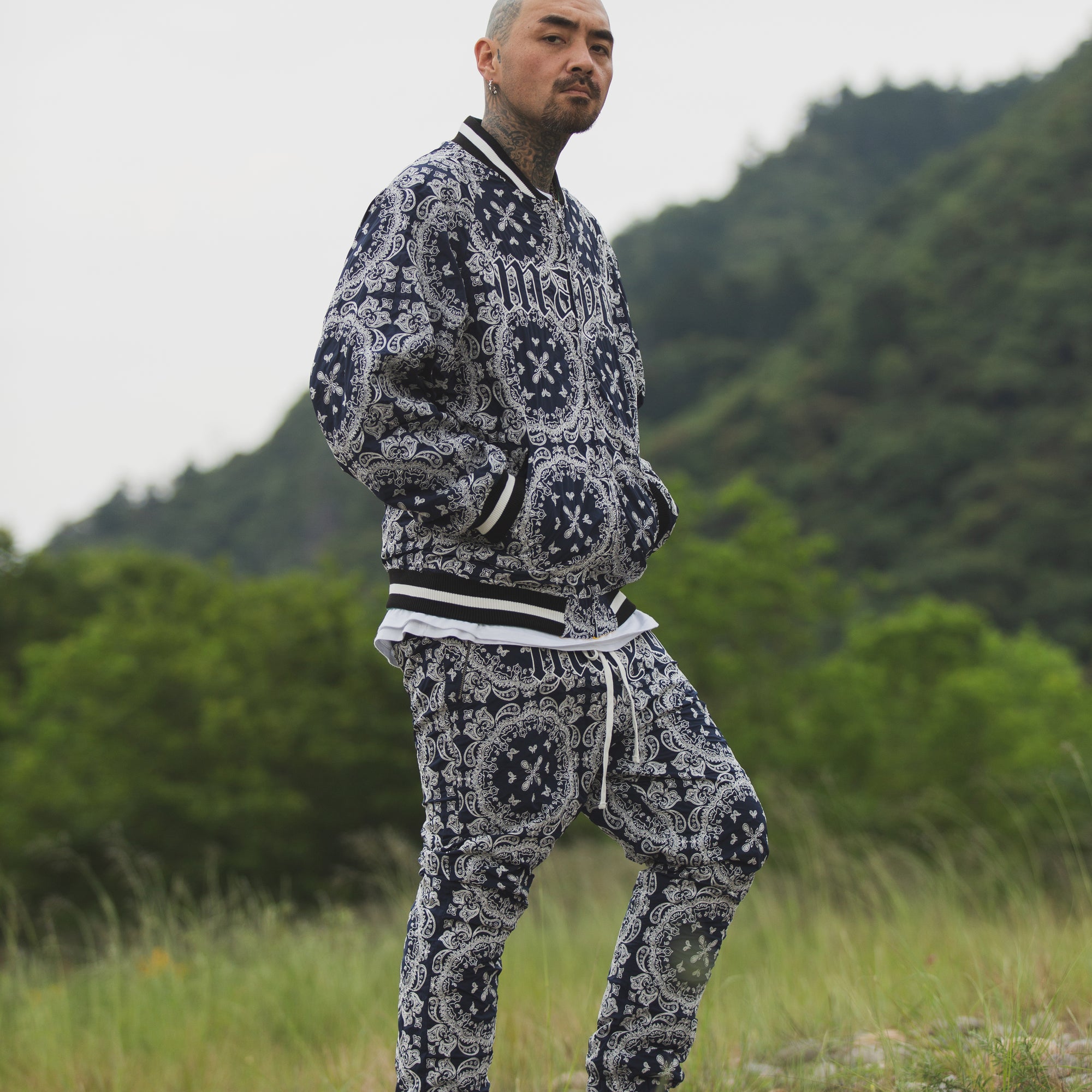 MAYO PAISLEY EMBROIDERY NYLON LOUNGE PANTS - BLUE