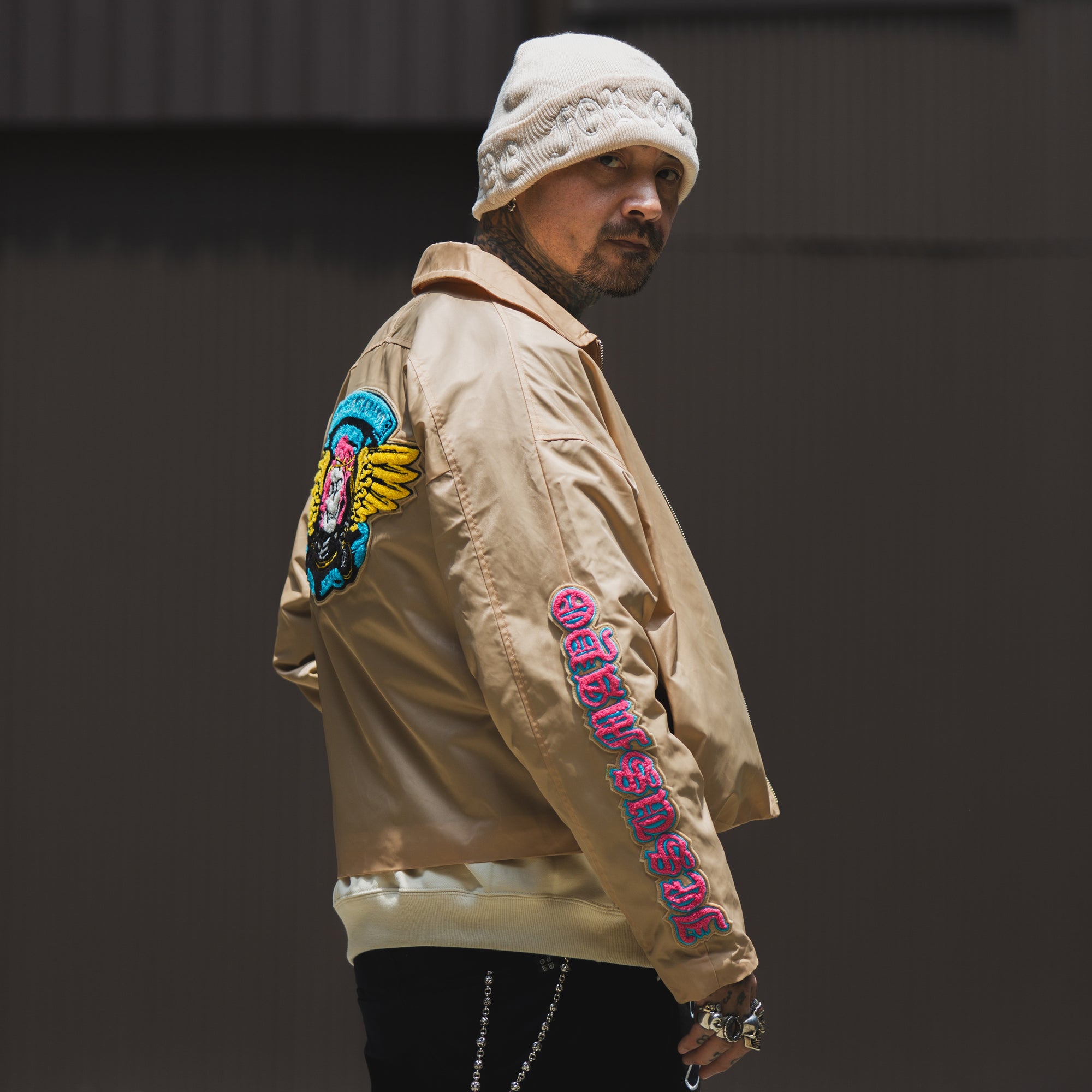 JESUS SKULL Embroidery Nylon Harrington Jacket - BEIGE