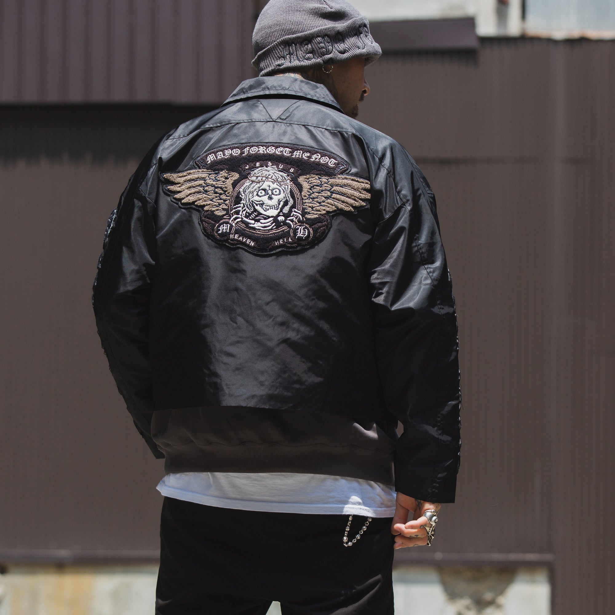 JESUS SKULL Embroidery Nylon Harrington Jacket - BLACK