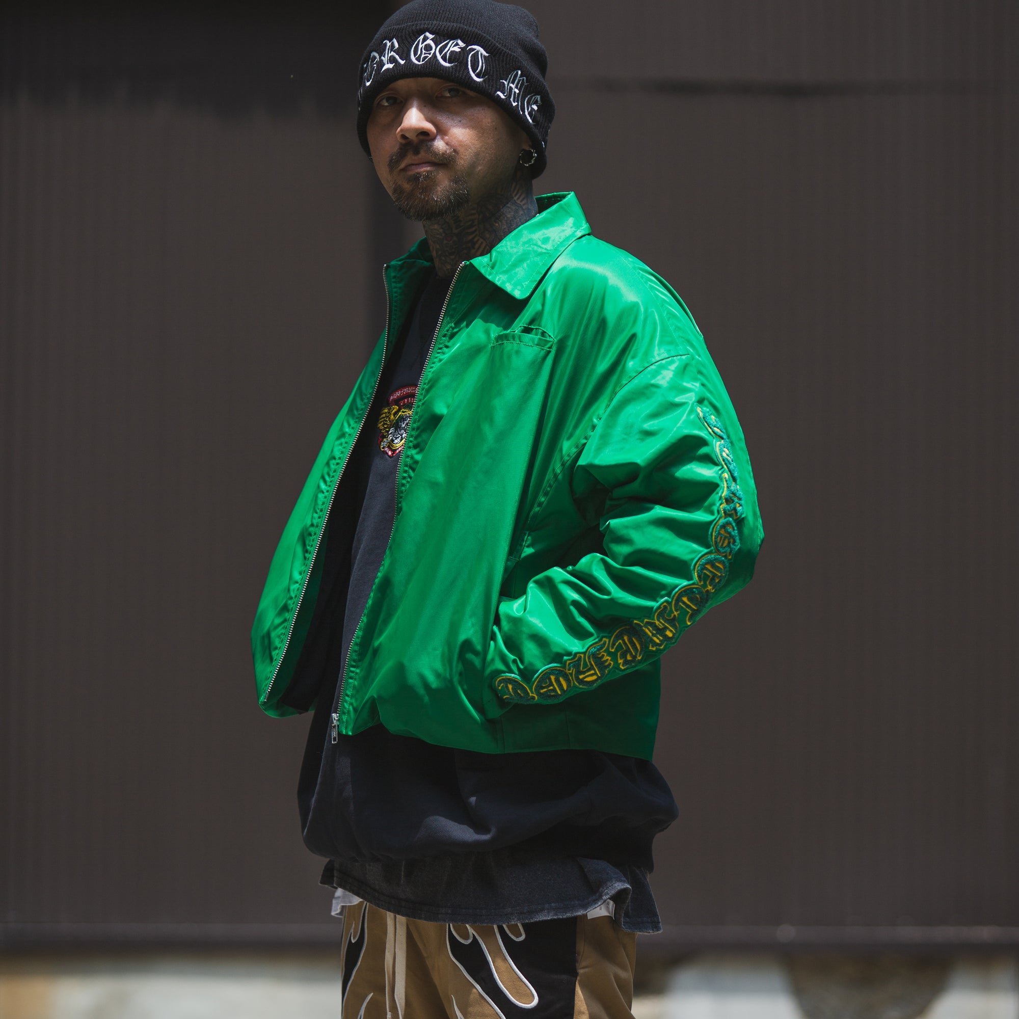 JESUS SKULL Embroidery Nylon Harrington Jacket - GREEN