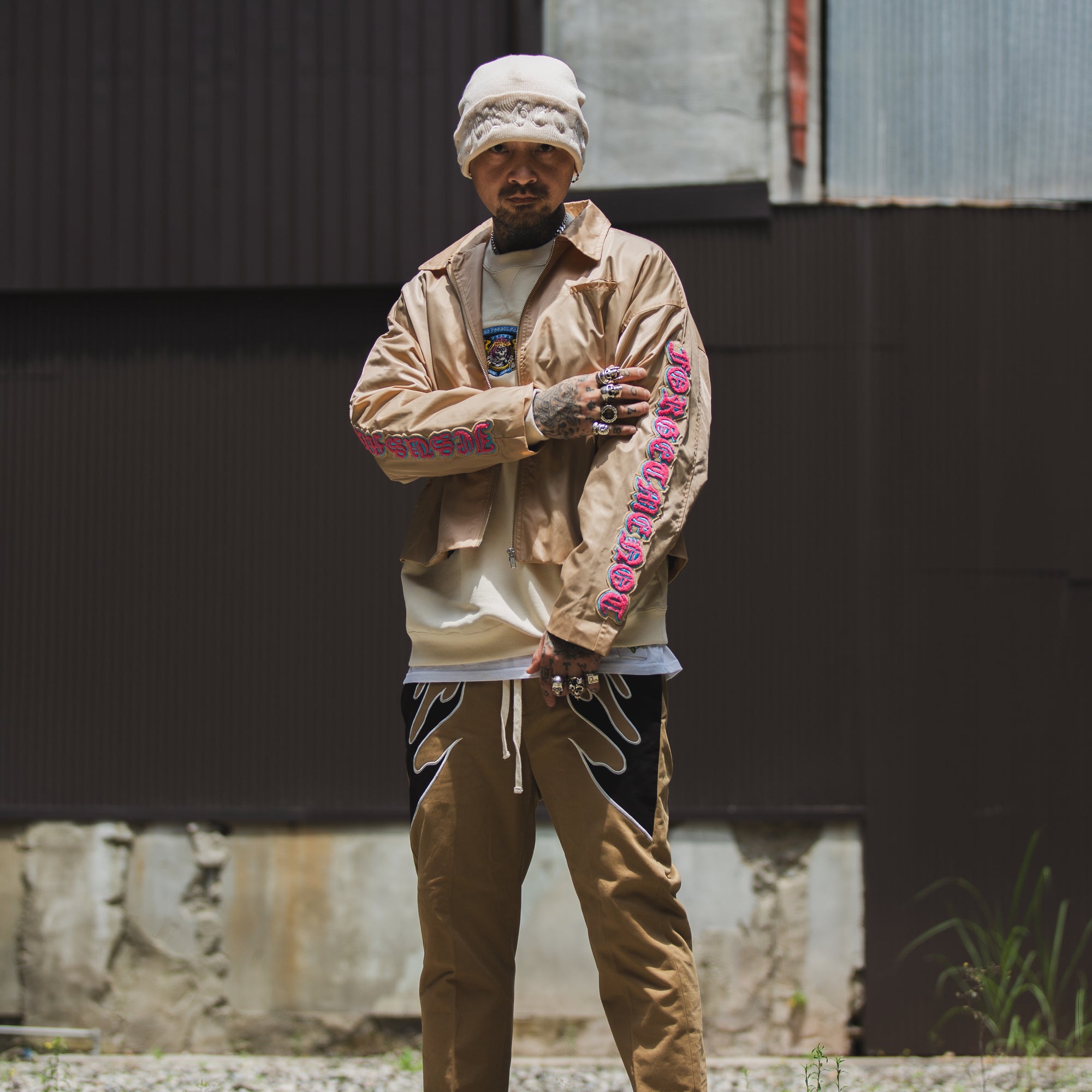 JESUS SKULL Embroidery Nylon Harrington Jacket - BEIGE