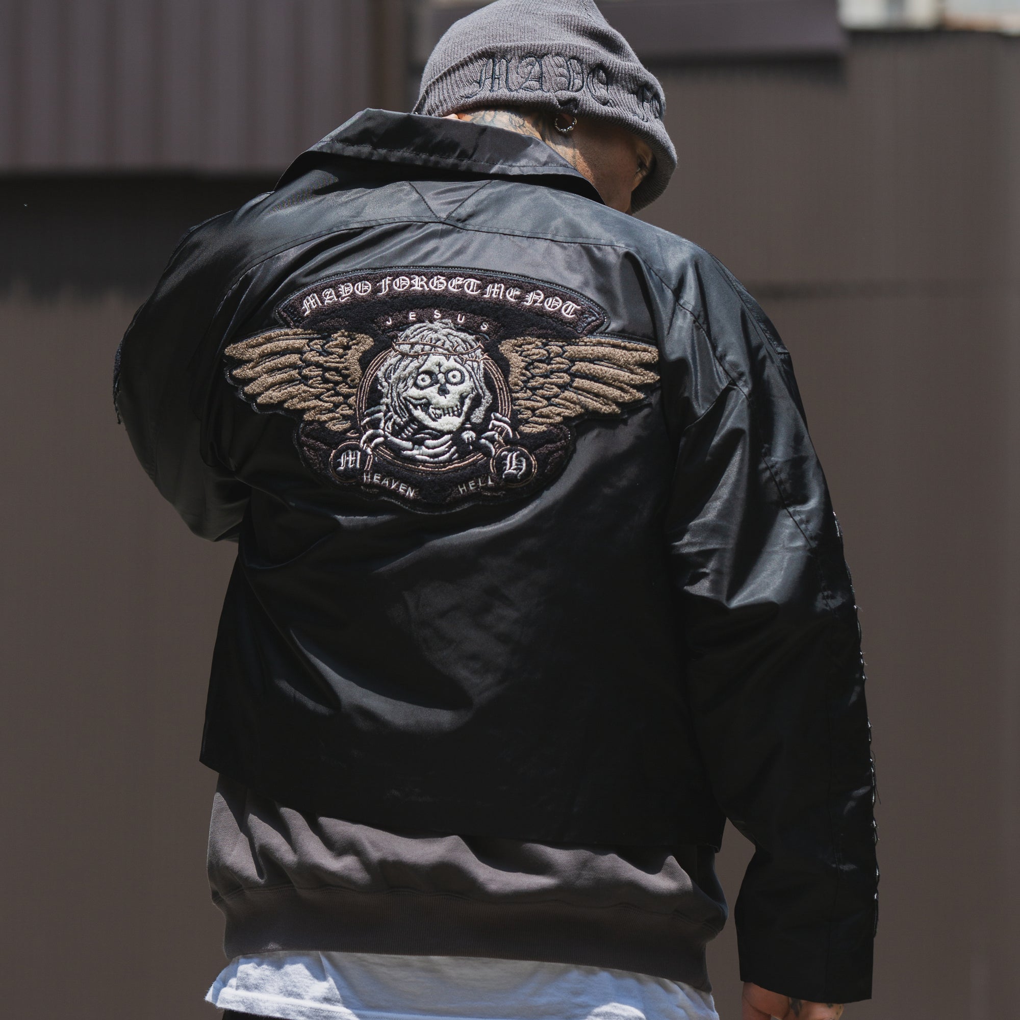 JESUS SKULL Embroidery Nylon Harrington Jacket - BLACK