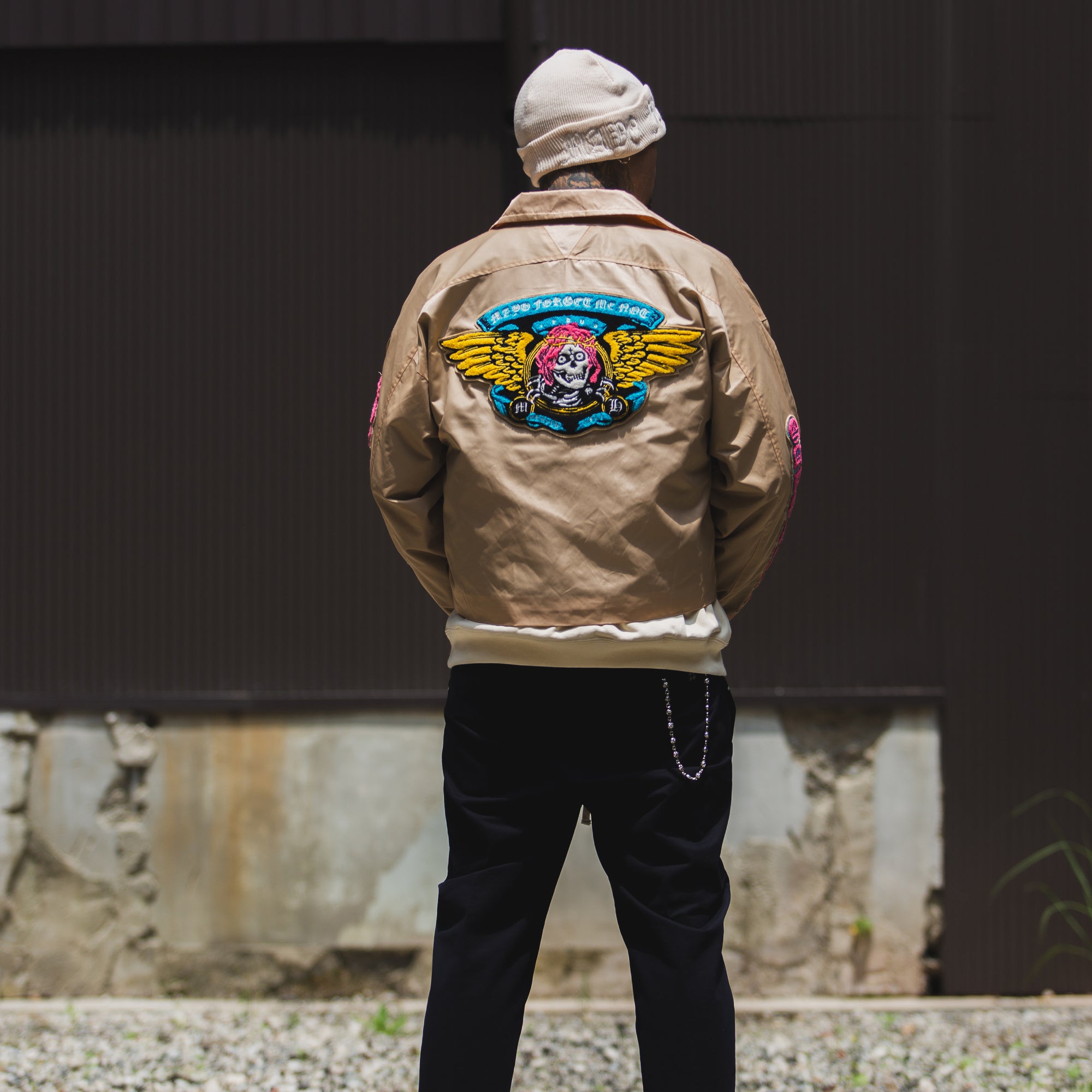 JESUS SKULL Embroidery Nylon Harrington Jacket - BEIGE