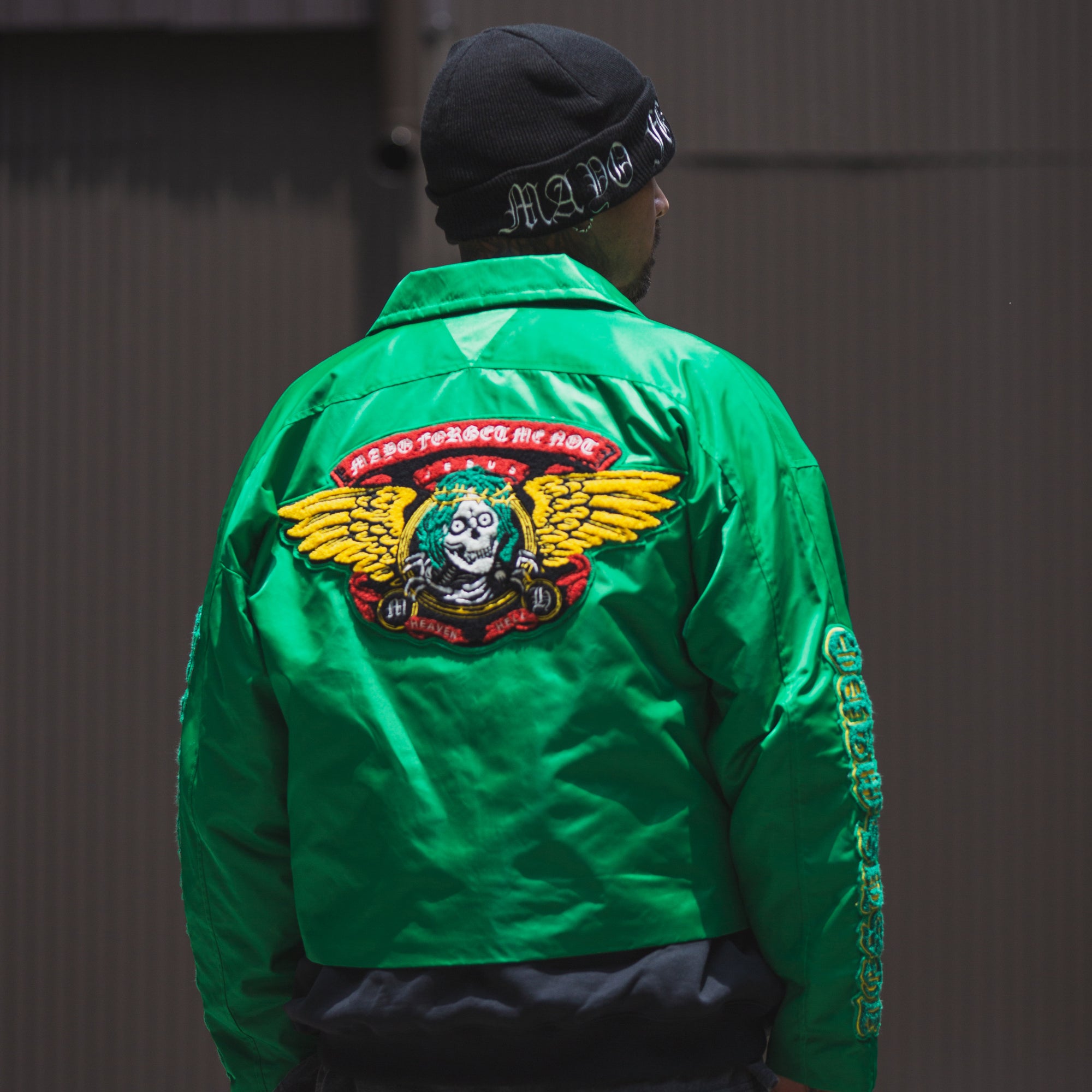 JESUS SKULL Embroidery Nylon Harrington Jacket - GREEN