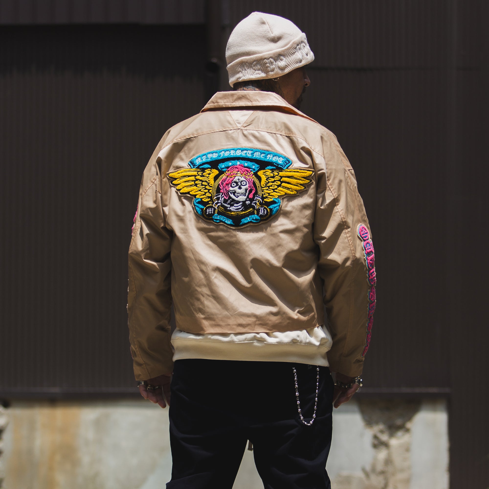 JESUS SKULL Embroidery Nylon Harrington Jacket - BEIGE