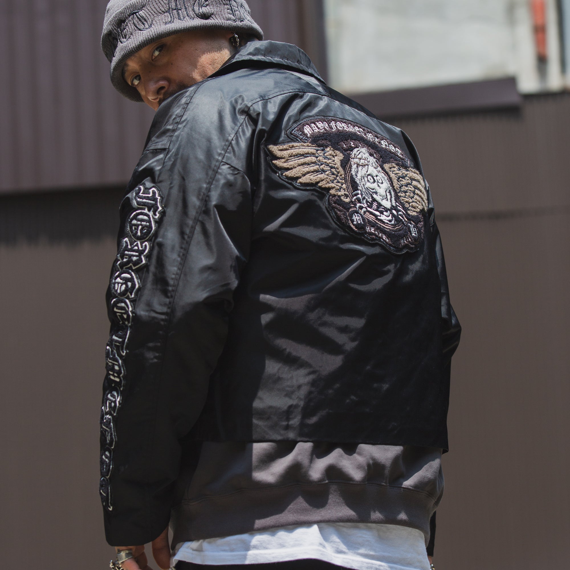 JESUS SKULL Embroidery Nylon Harrington Jacket - BLACK