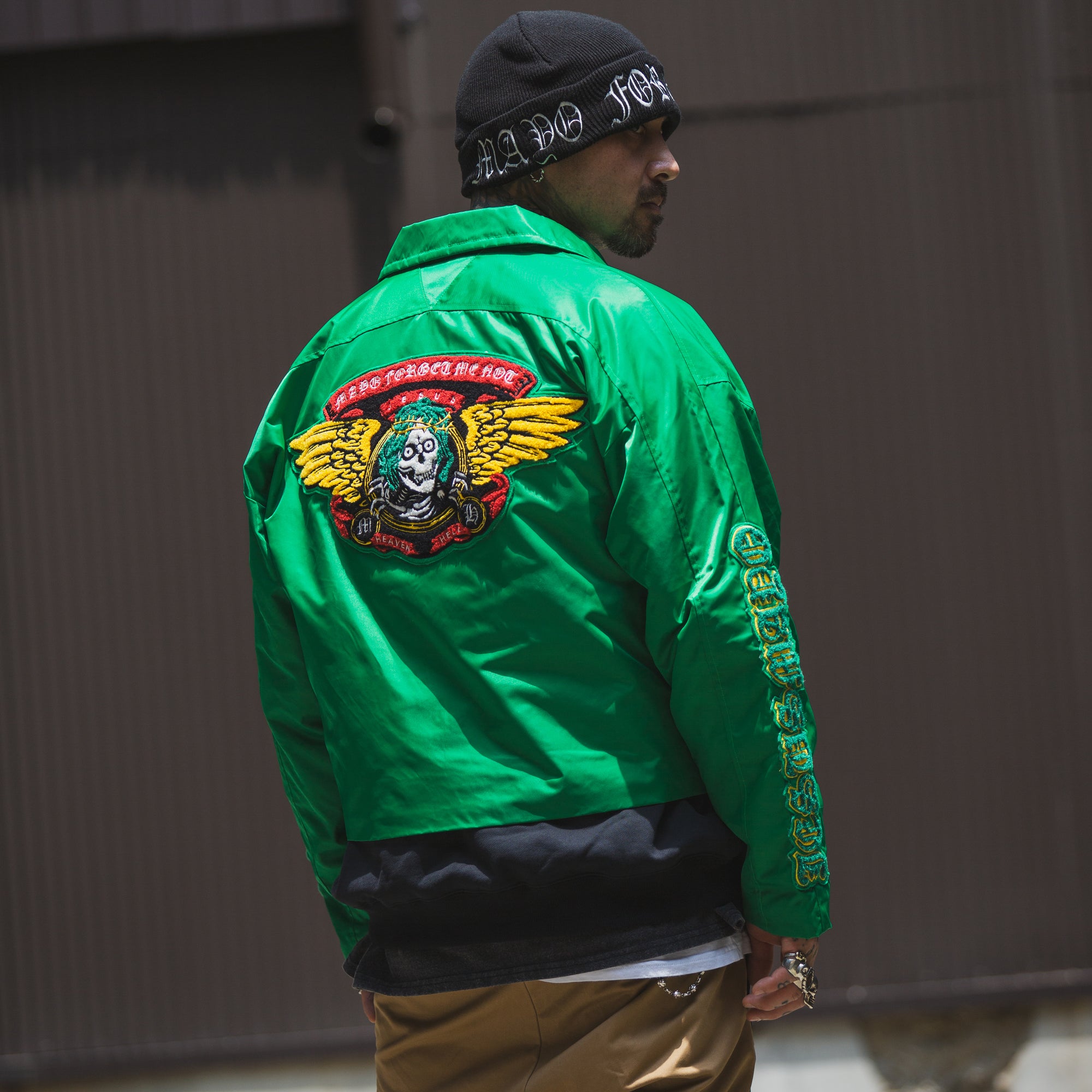 JESUS SKULL Embroidery Nylon Harrington Jacket - GREEN