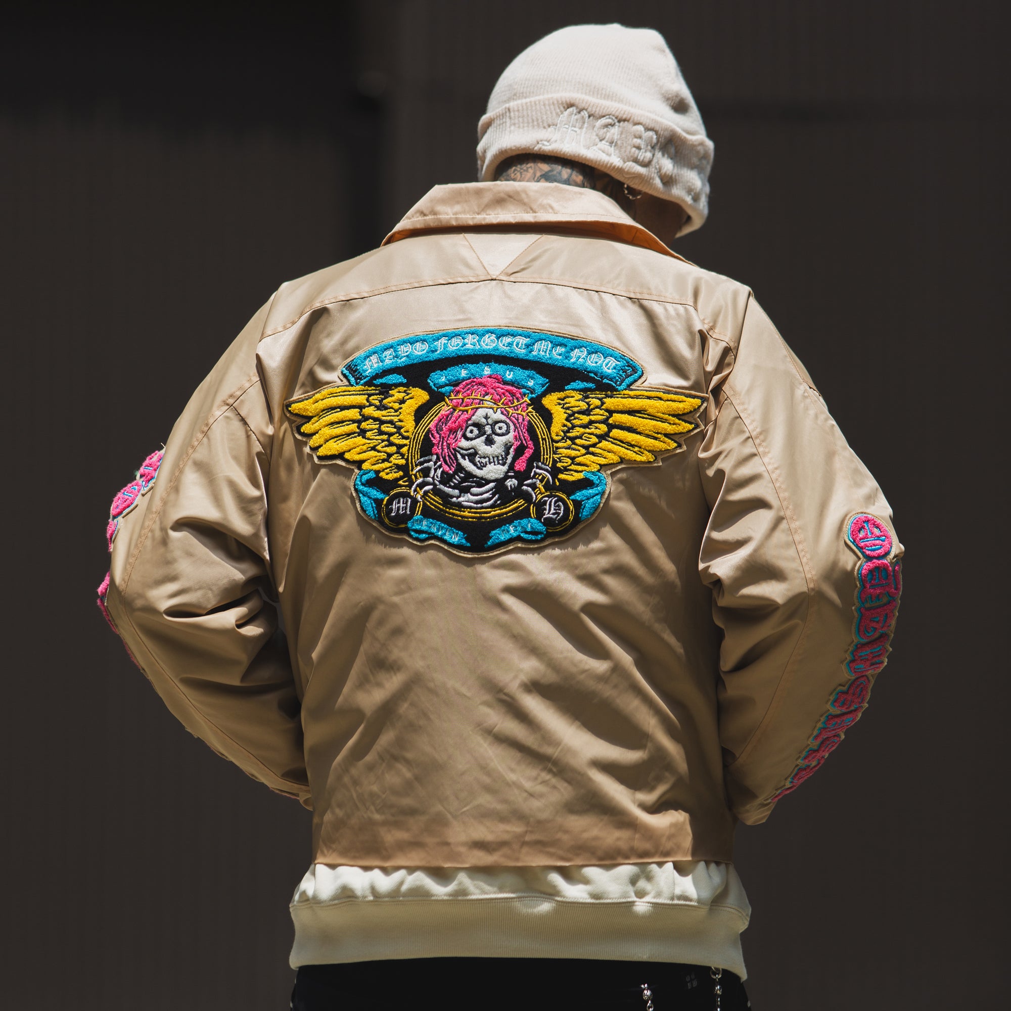 JESUS SKULL Embroidery Nylon Harrington Jacket - BEIGE