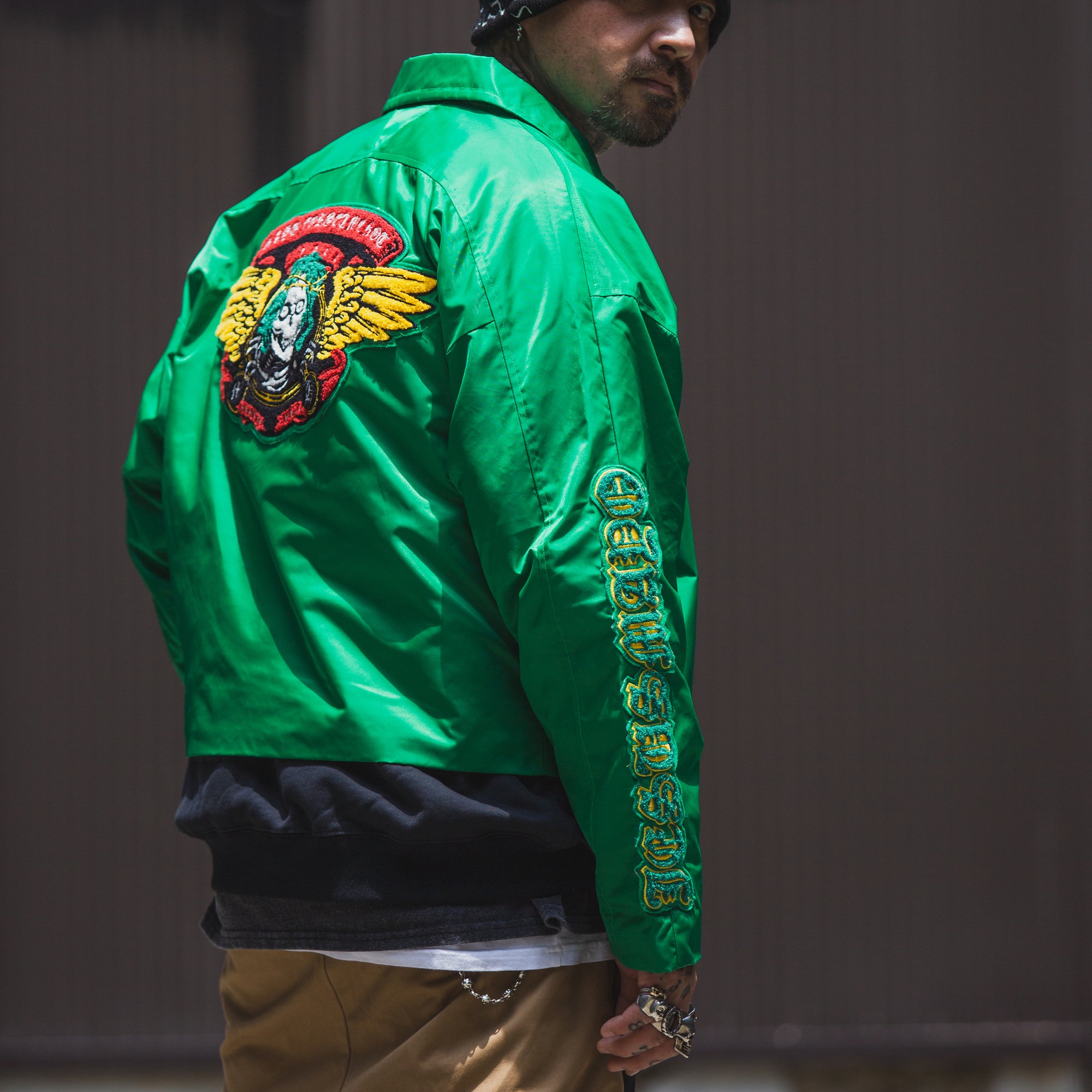 JESUS SKULL Embroidery Nylon Harrington Jacket - GREEN