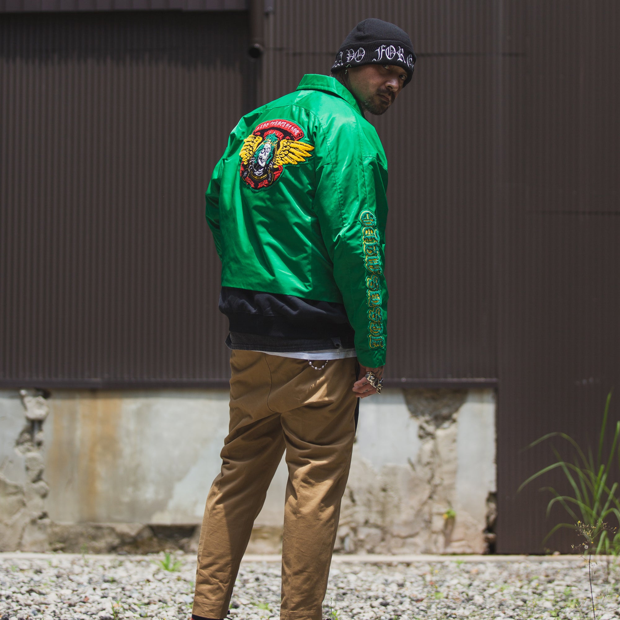 JESUS SKULL Embroidery Nylon Harrington Jacket - GREEN