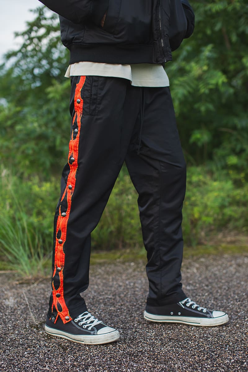 FIRE EMBROIDERY SIDE SNAP NYLON PANTS - FIRE RED