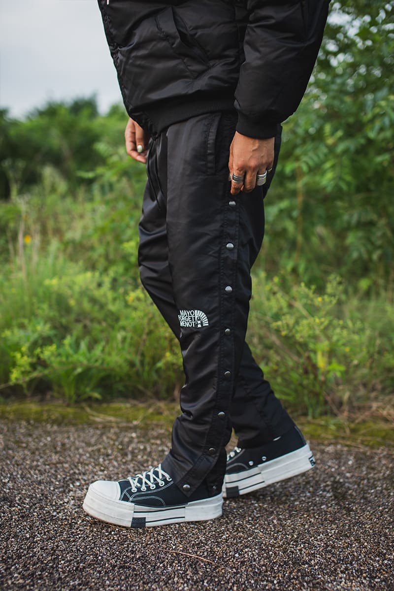 FIRE EMBROIDERY SIDE SNAP NYLON PANTS - BLACK